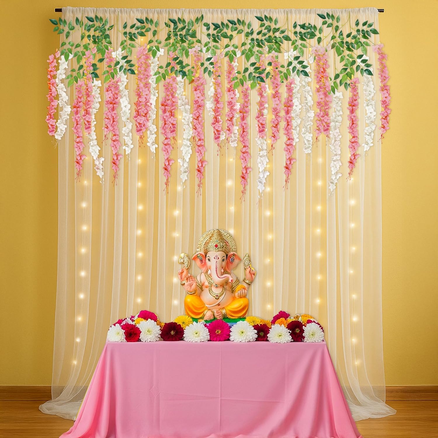 Backdrop decor with Pink & white Wisteria & Curtains