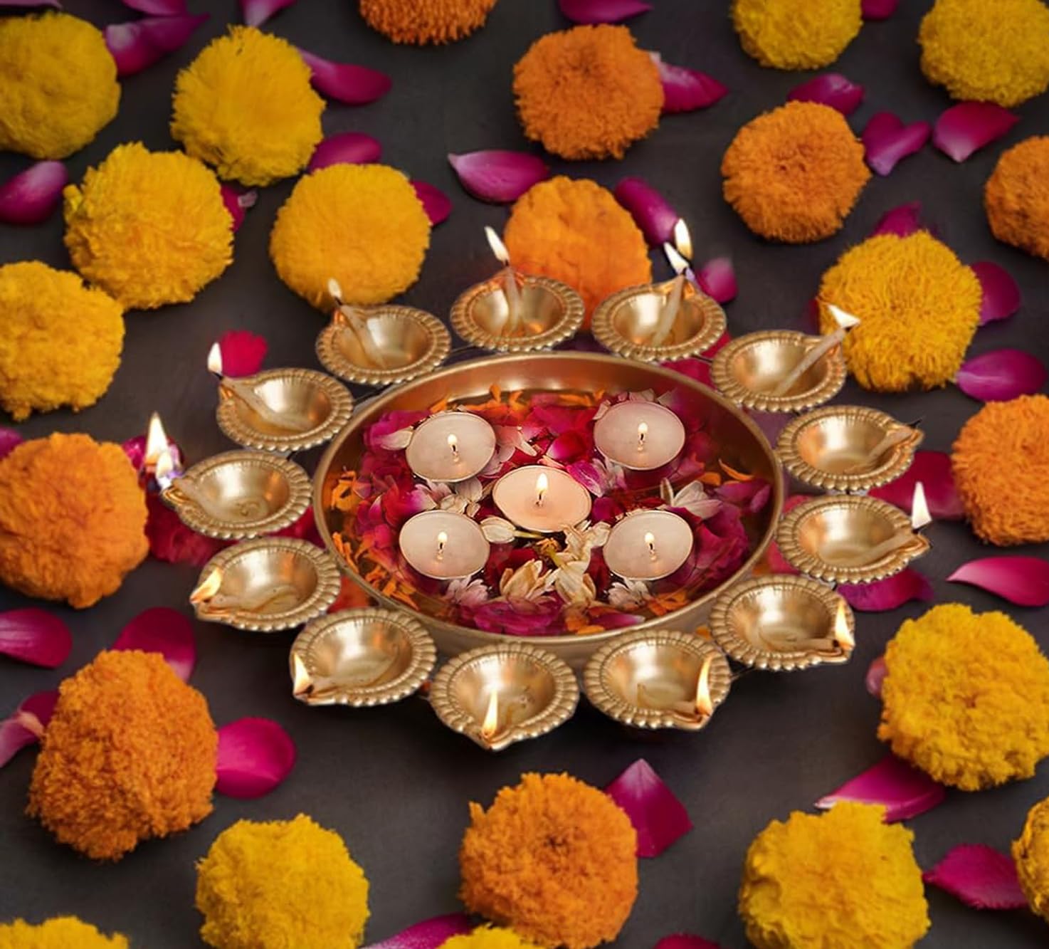 Golden Diya Urli with Tea Light Candles