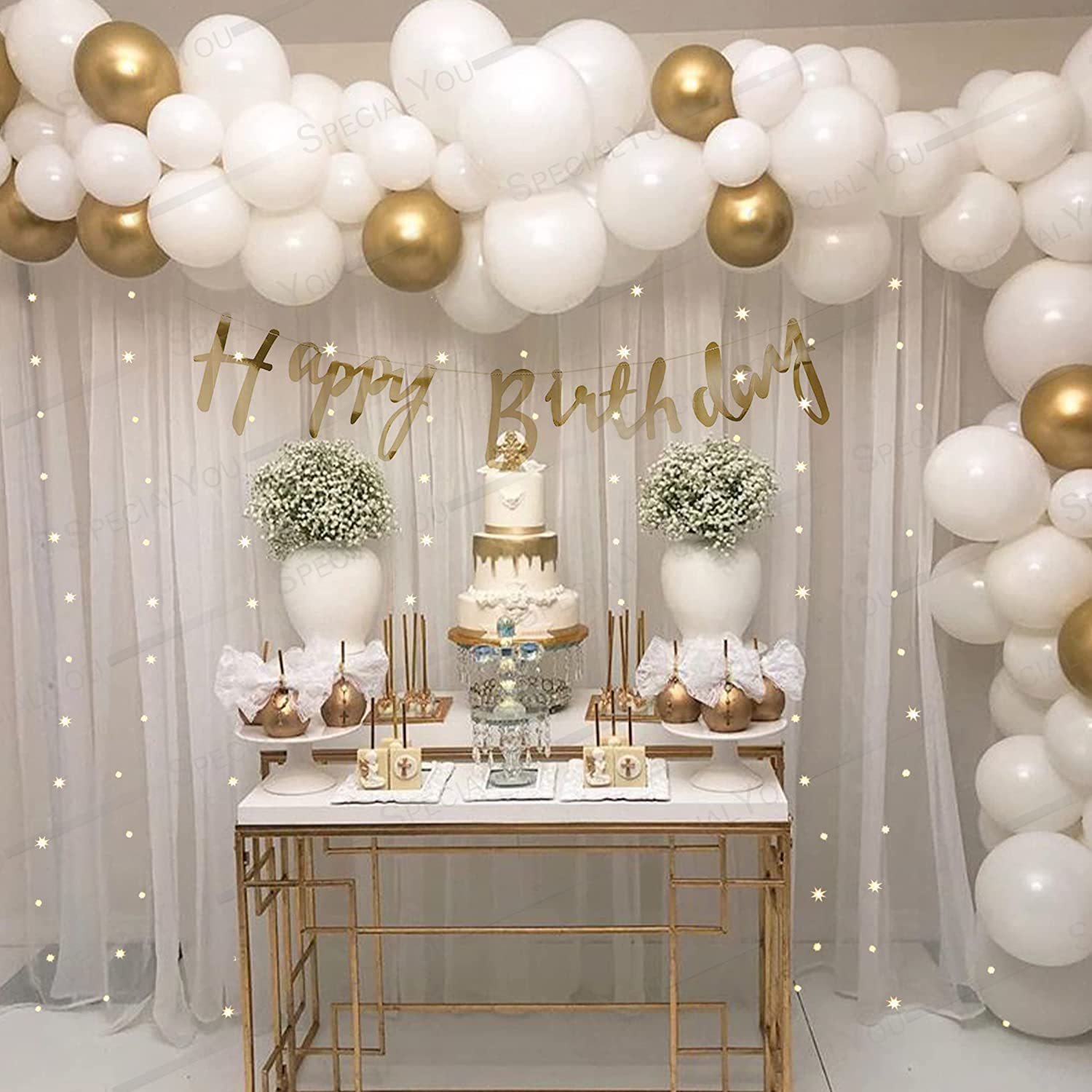 white and gold balloons for birthday