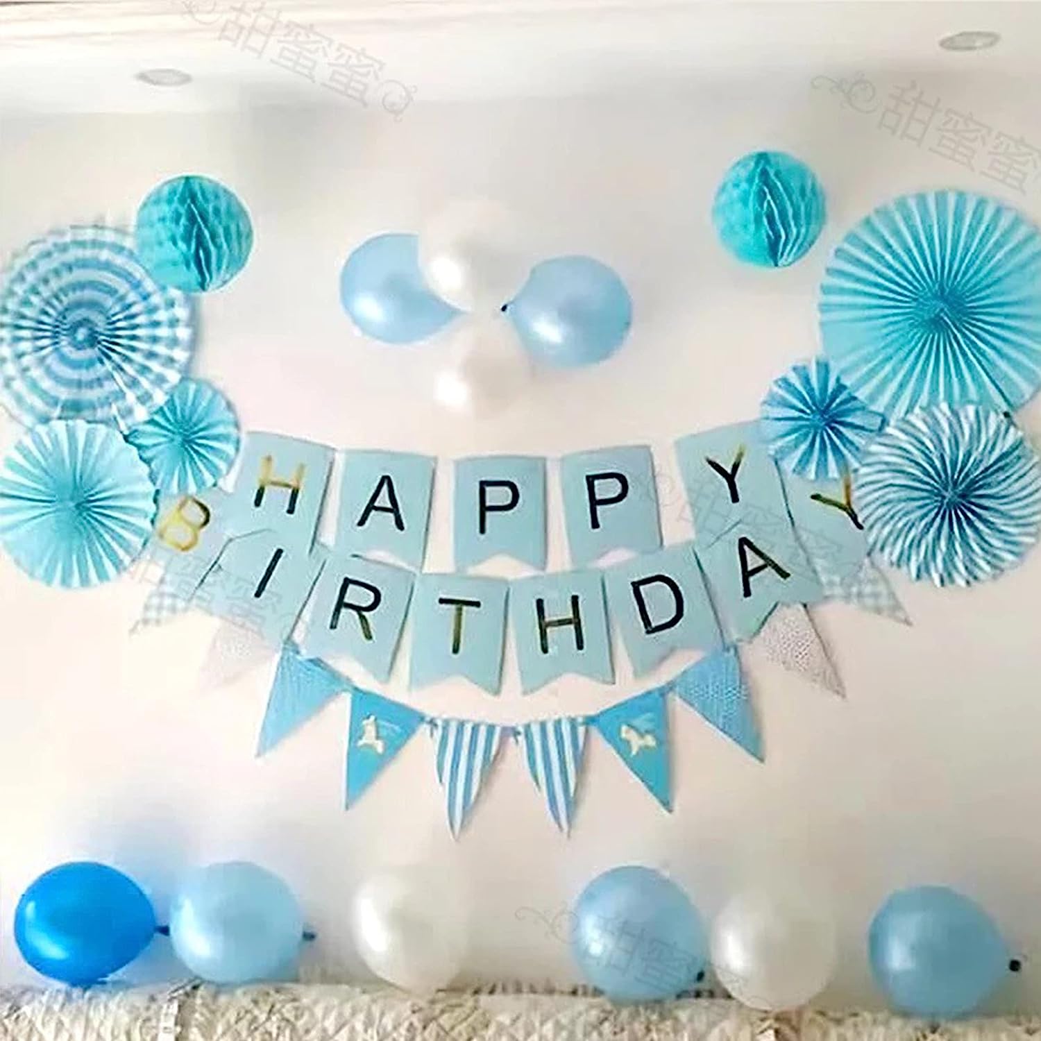 Blue Theme Birthday decoration items with paper flag and fans- 28 Items