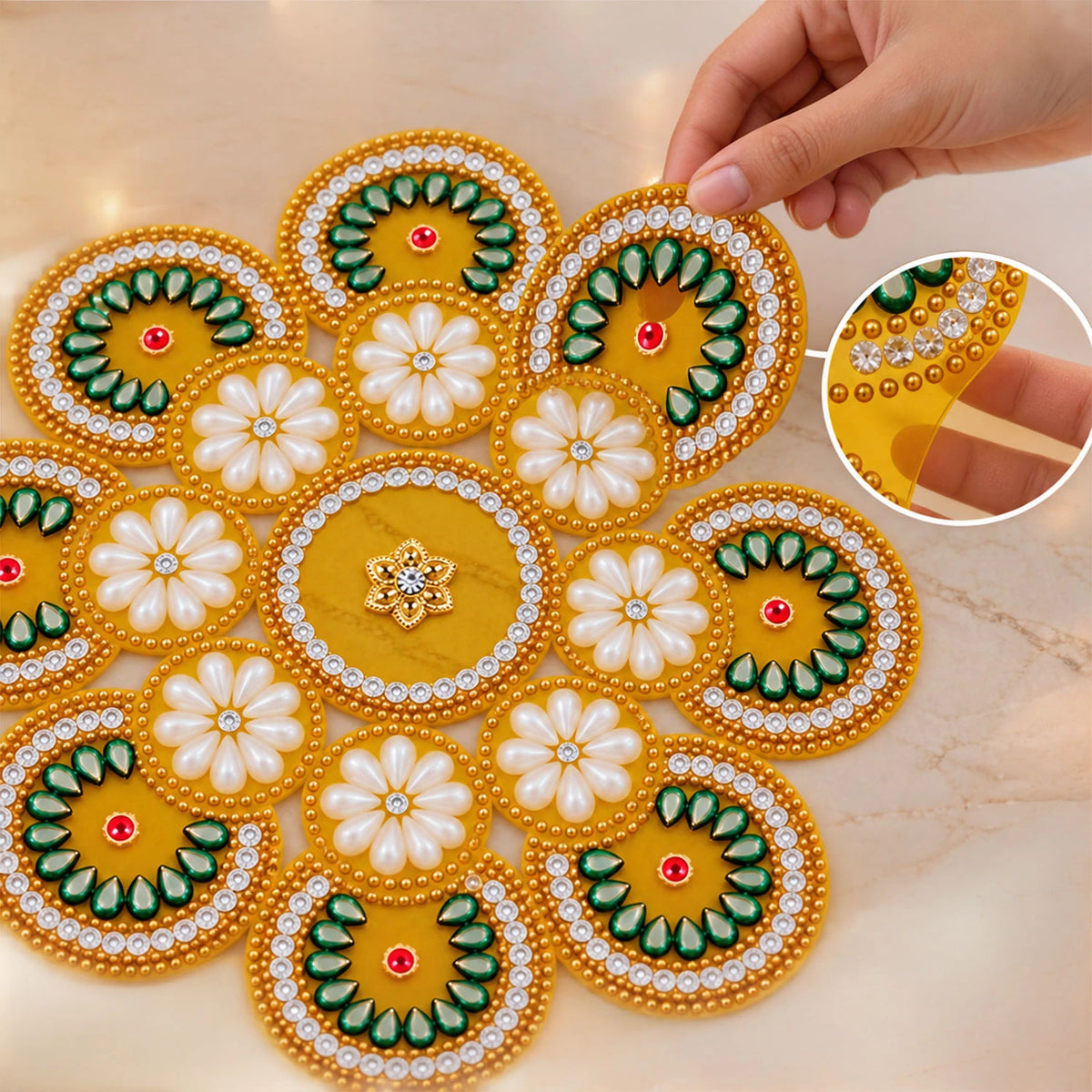 Yellow Pearl Rangoli Mat for Diwali Decoration for Home
