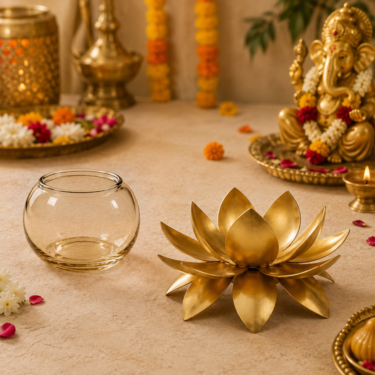 Lotus Urli Bowl with Glass Jar for Diwali Decor