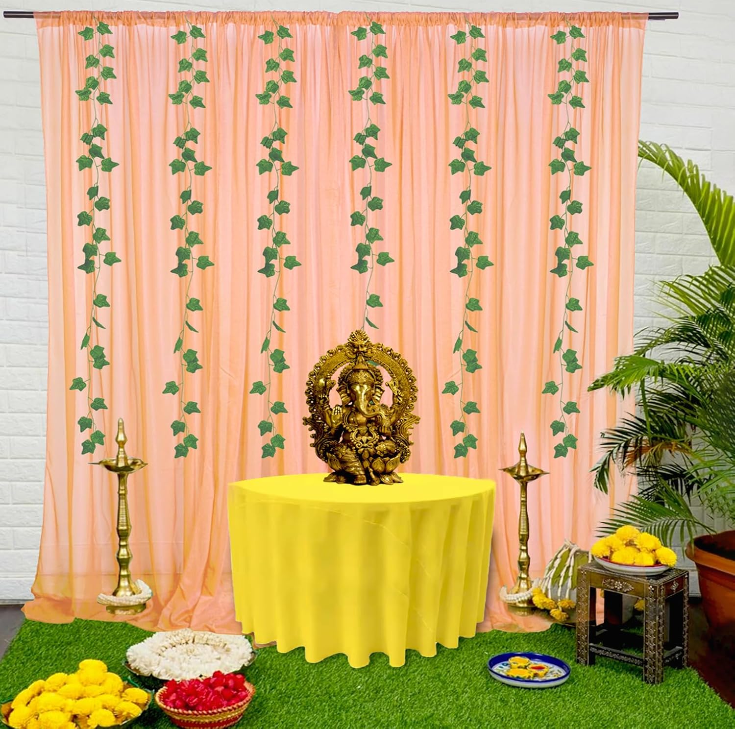 Peach Curtain with Green Vines for Backdrop