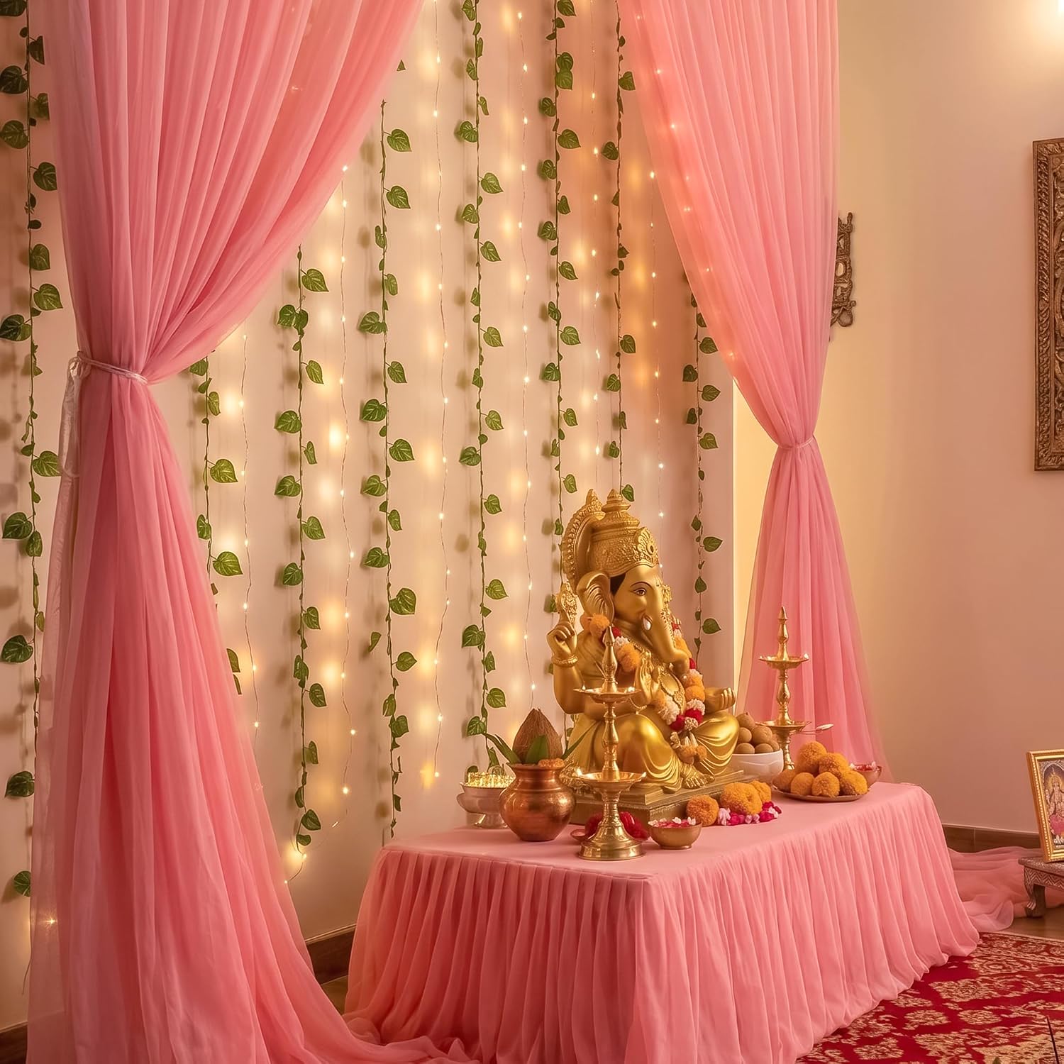 Pink Ganpati Backdrop Décor Set – Backdrop Cloth & Green Vines (9 Pieces)
