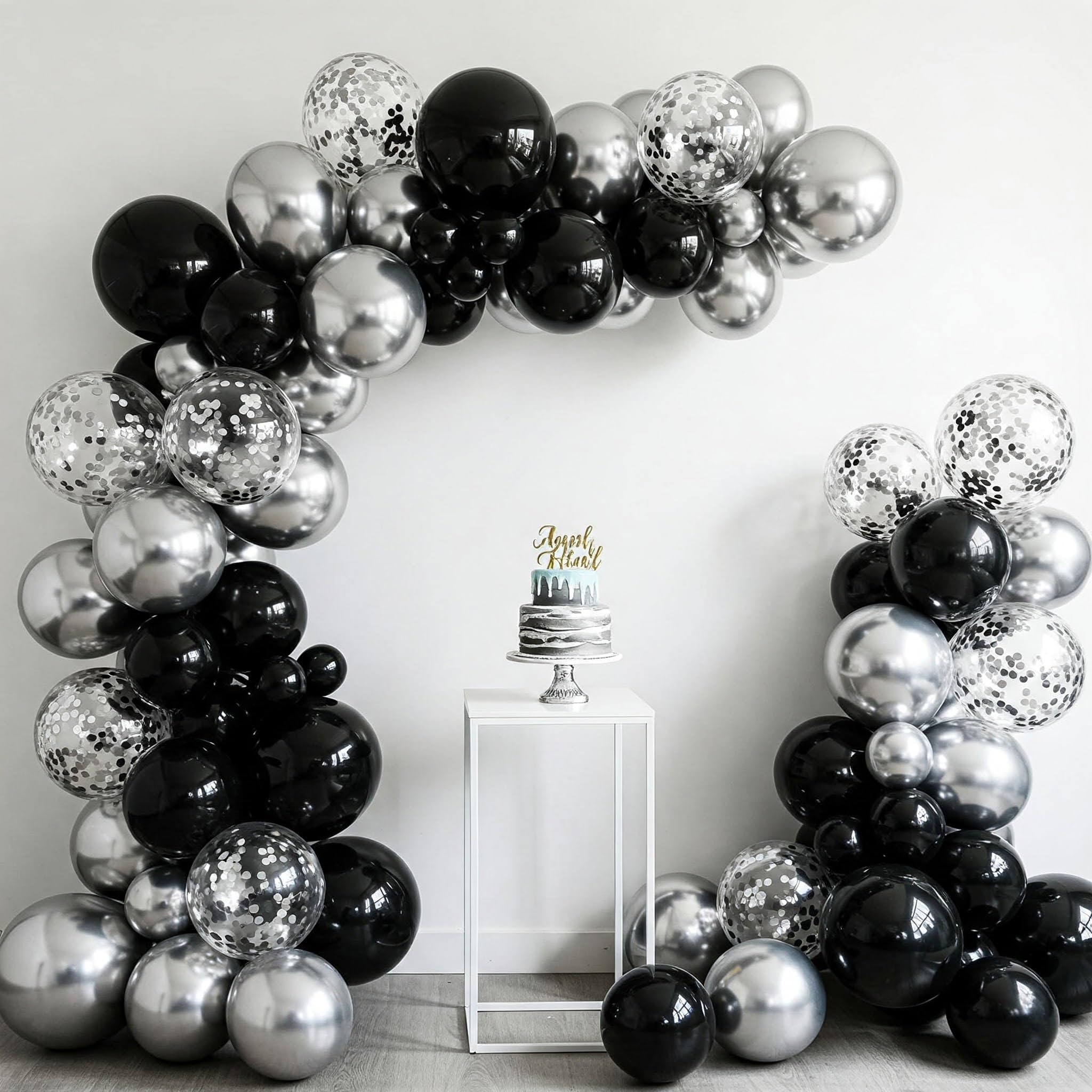 Black, Chrome Silver & Silver Confetti Balloons Decoration Kit