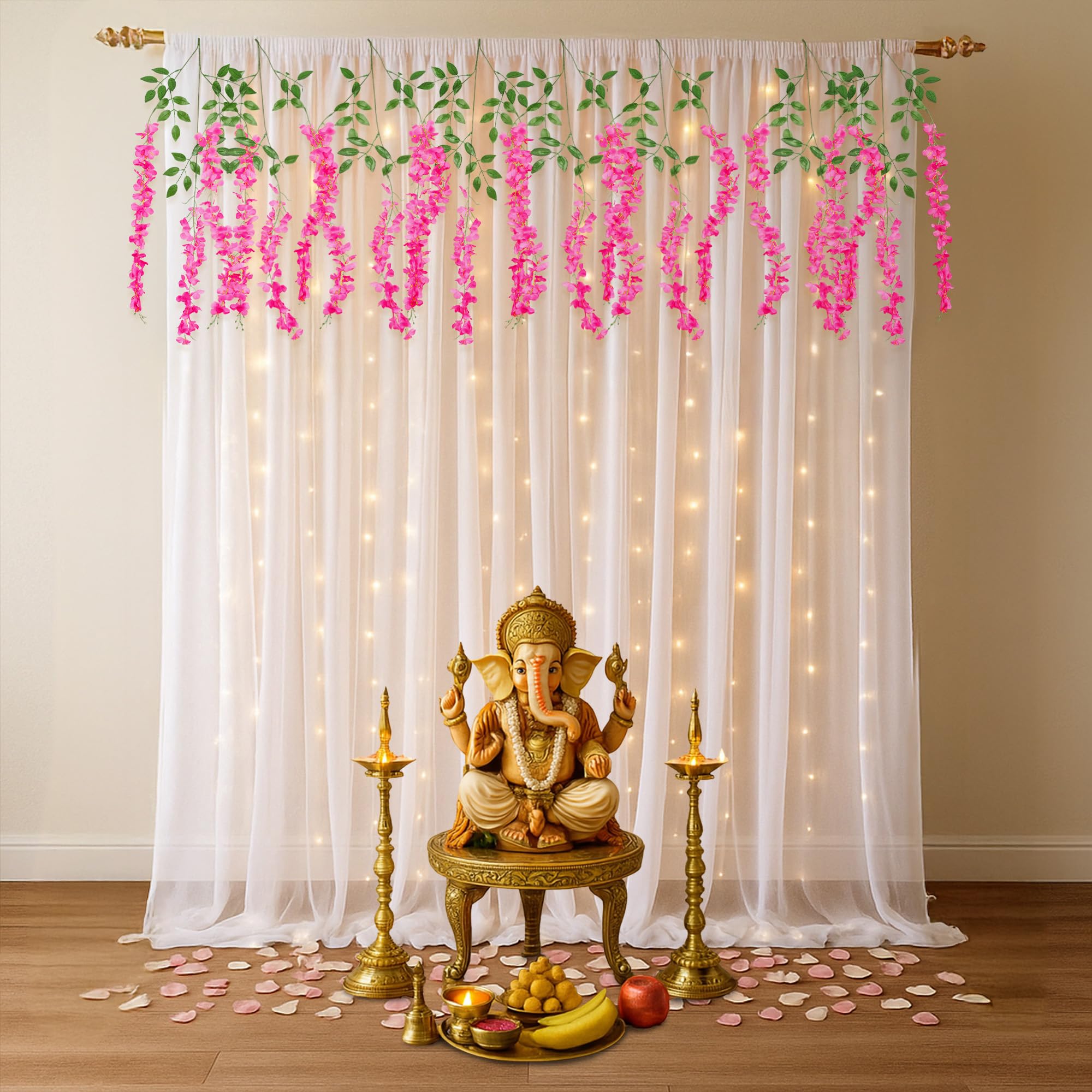 Elegant White Net Backdrop with Dark Pink Wisteria