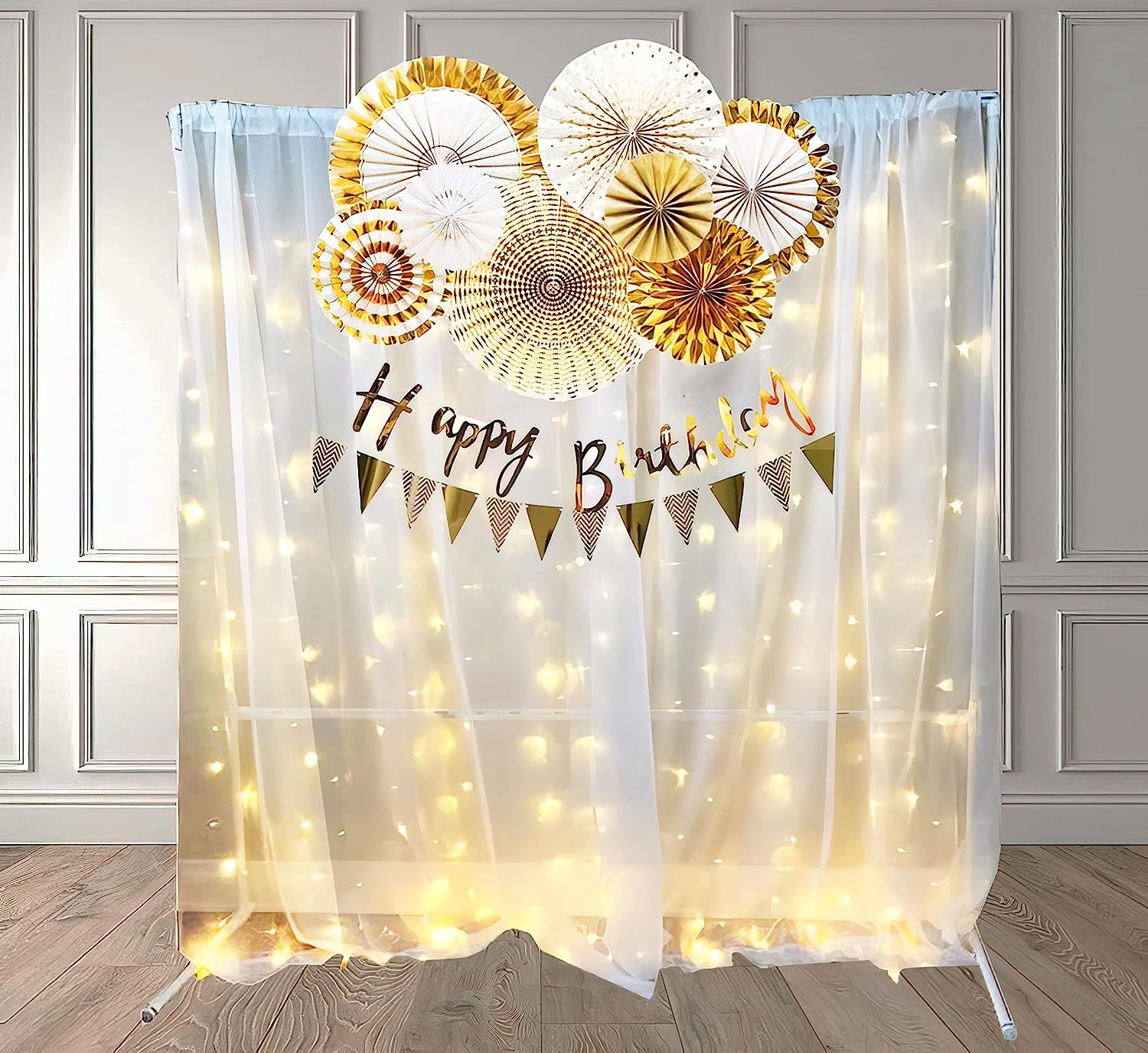 Gold Paper Fan Happy Birthday Decoration- Set of 10pcs