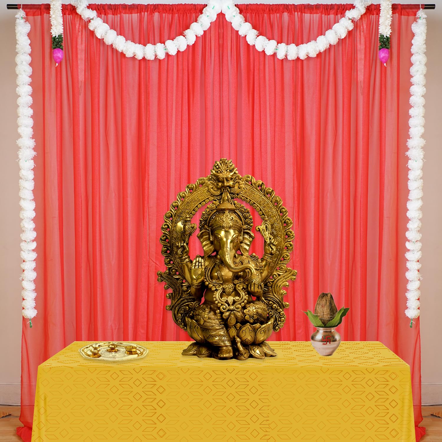 Red curtains backdrop with White marigold