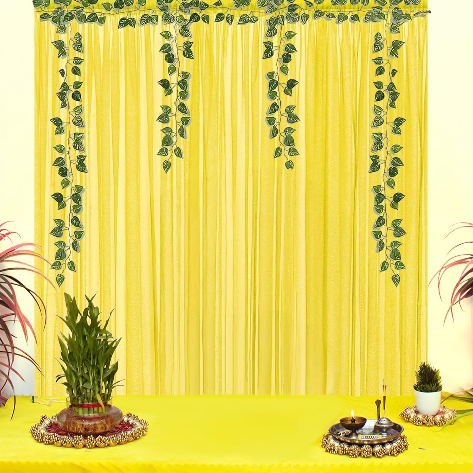 Yellow curtains with vines for festive decor