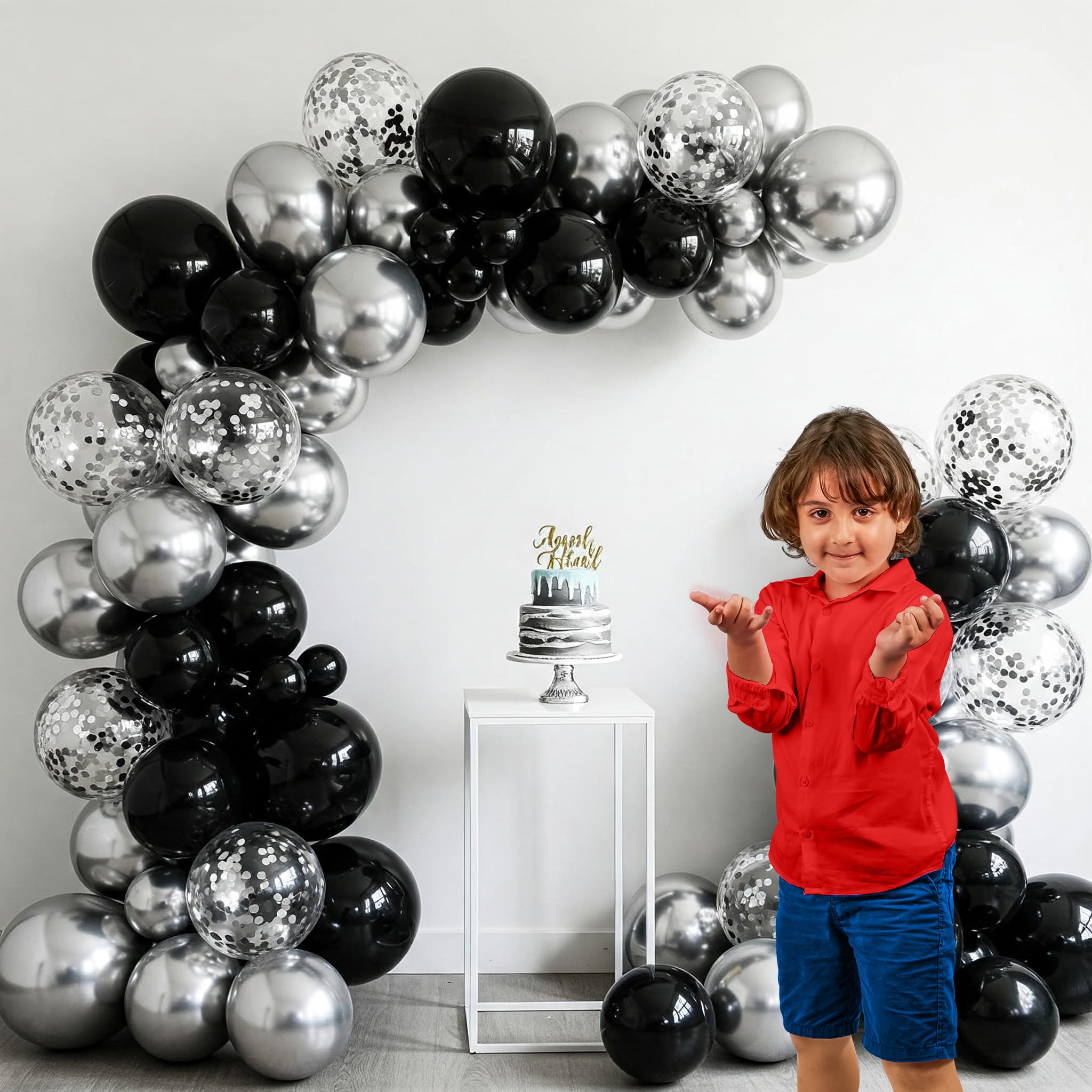Black, Chrome Silver & Silver Confetti Balloons Decoration Kit