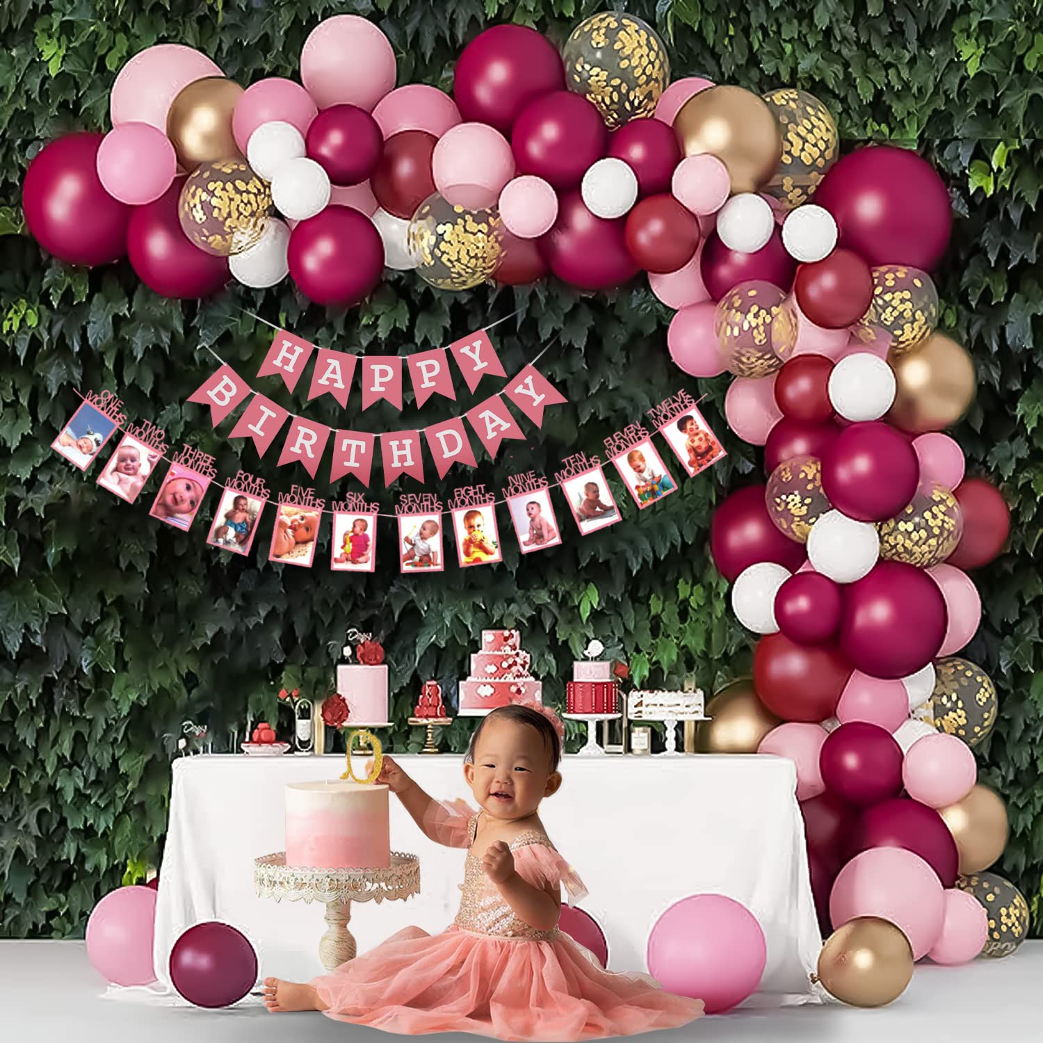 Burgundy Pink Balloons 1st birthday decor