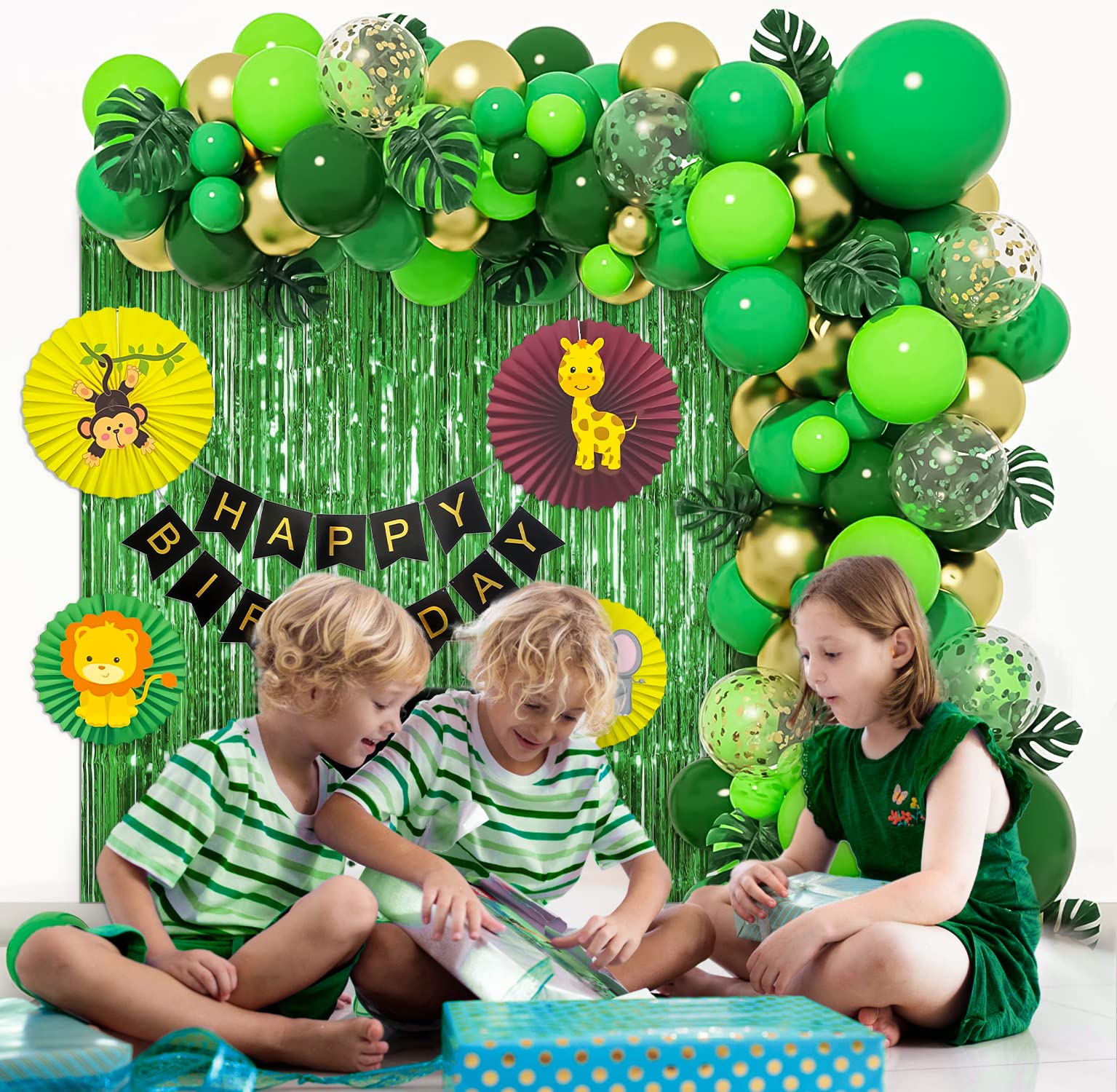 Jungle theme Happy birthday decoration items for boys with Green foil curtain