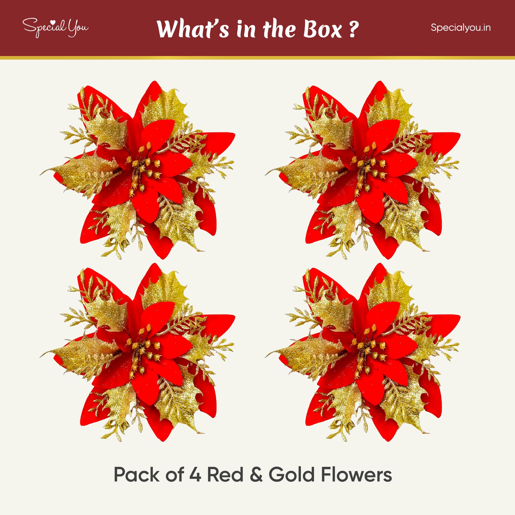 Artificial Poinsettias Red & Golden Flowers