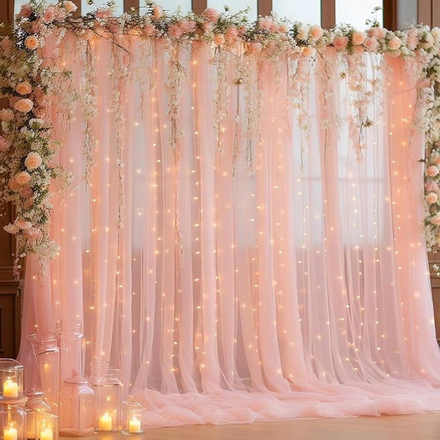 Peach Net Curtain for Decoration with Fairy Light