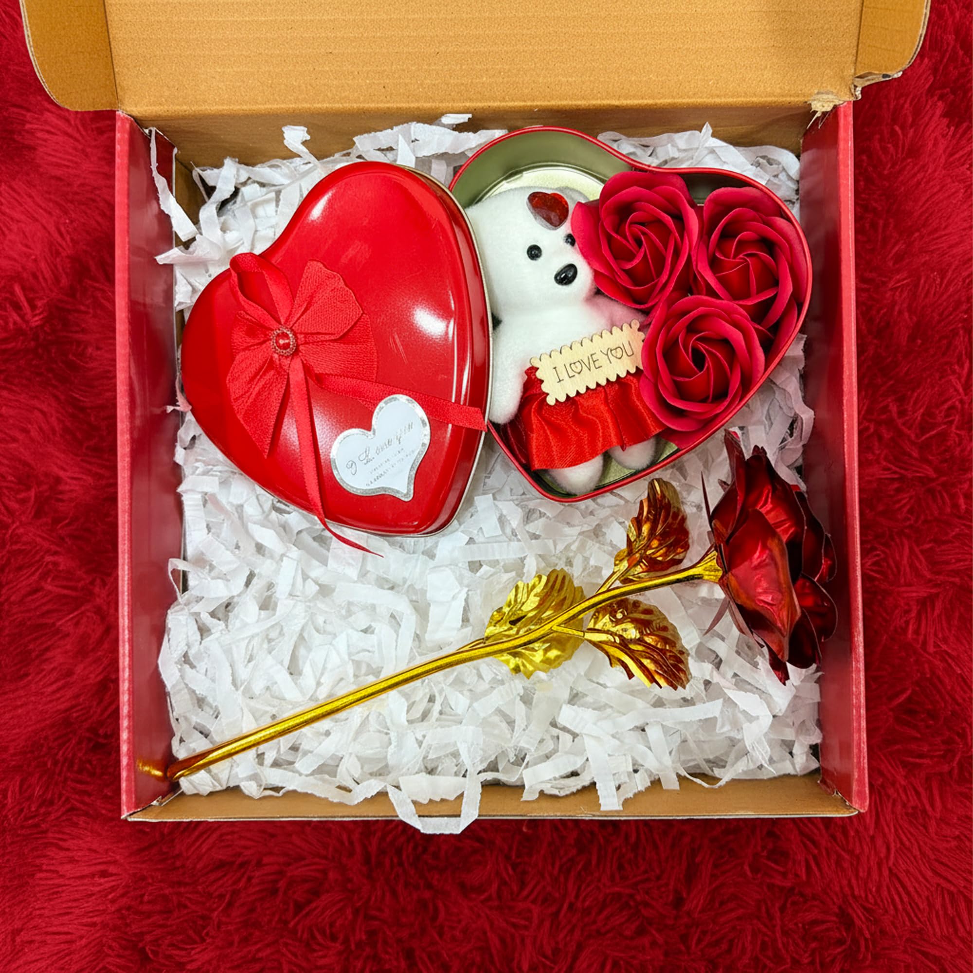 Teddy Box & Red Metal Rose