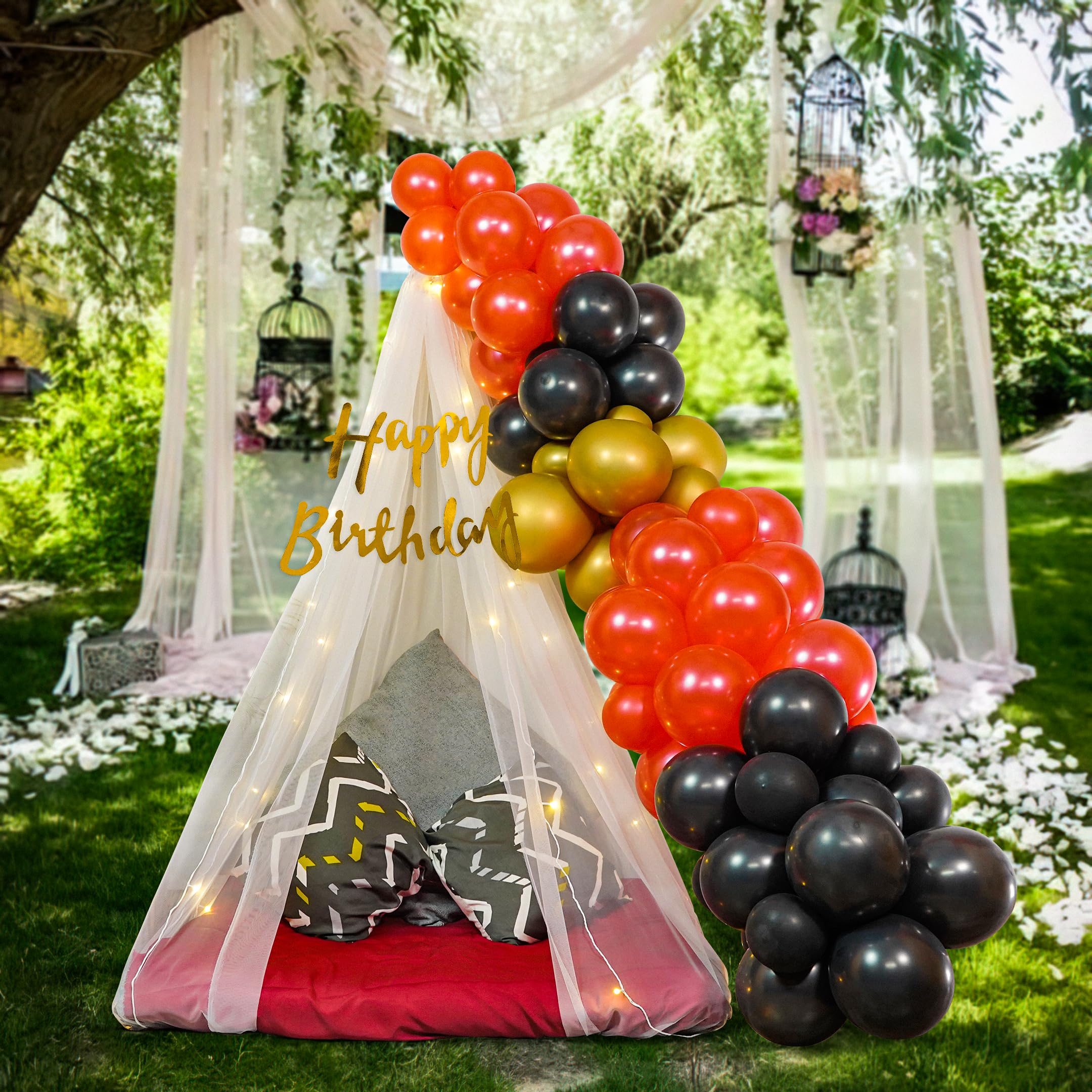 Canopy for decor Kit with Lights, Red & Black Balloons.
