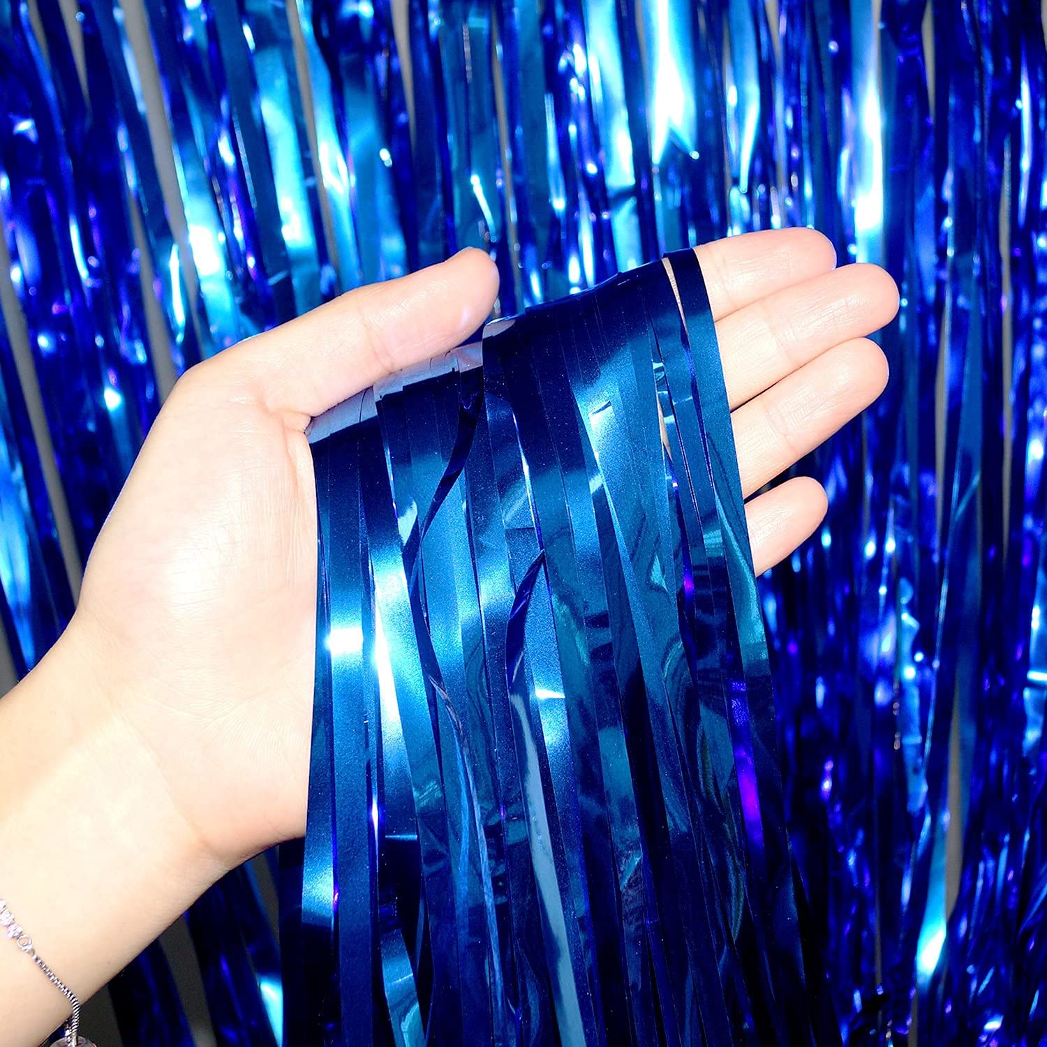 3 Pack Foil Fringe Curtain, Blue Tinsel for Party Decoration