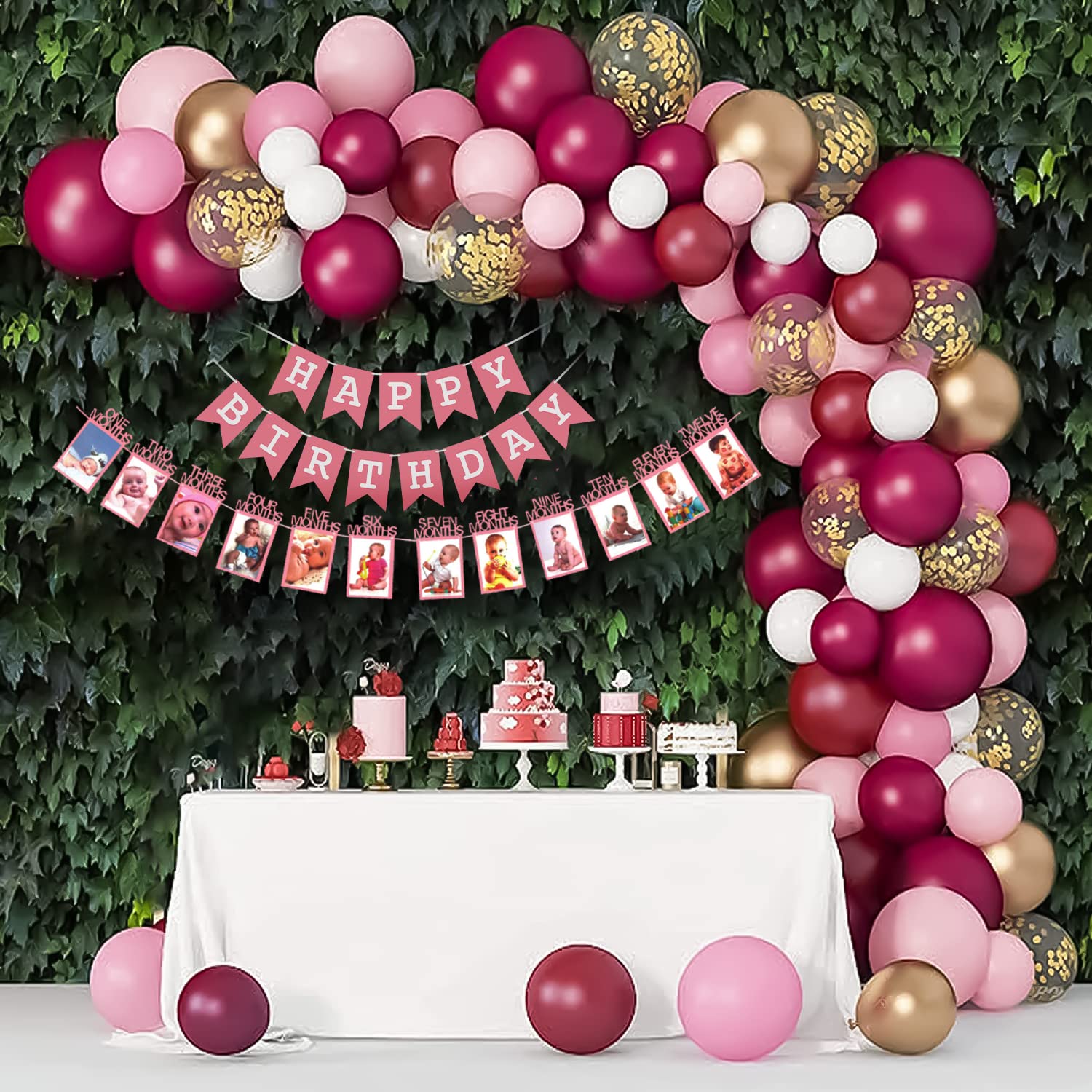 Burgundy Pink Balloons 1st birthday decor