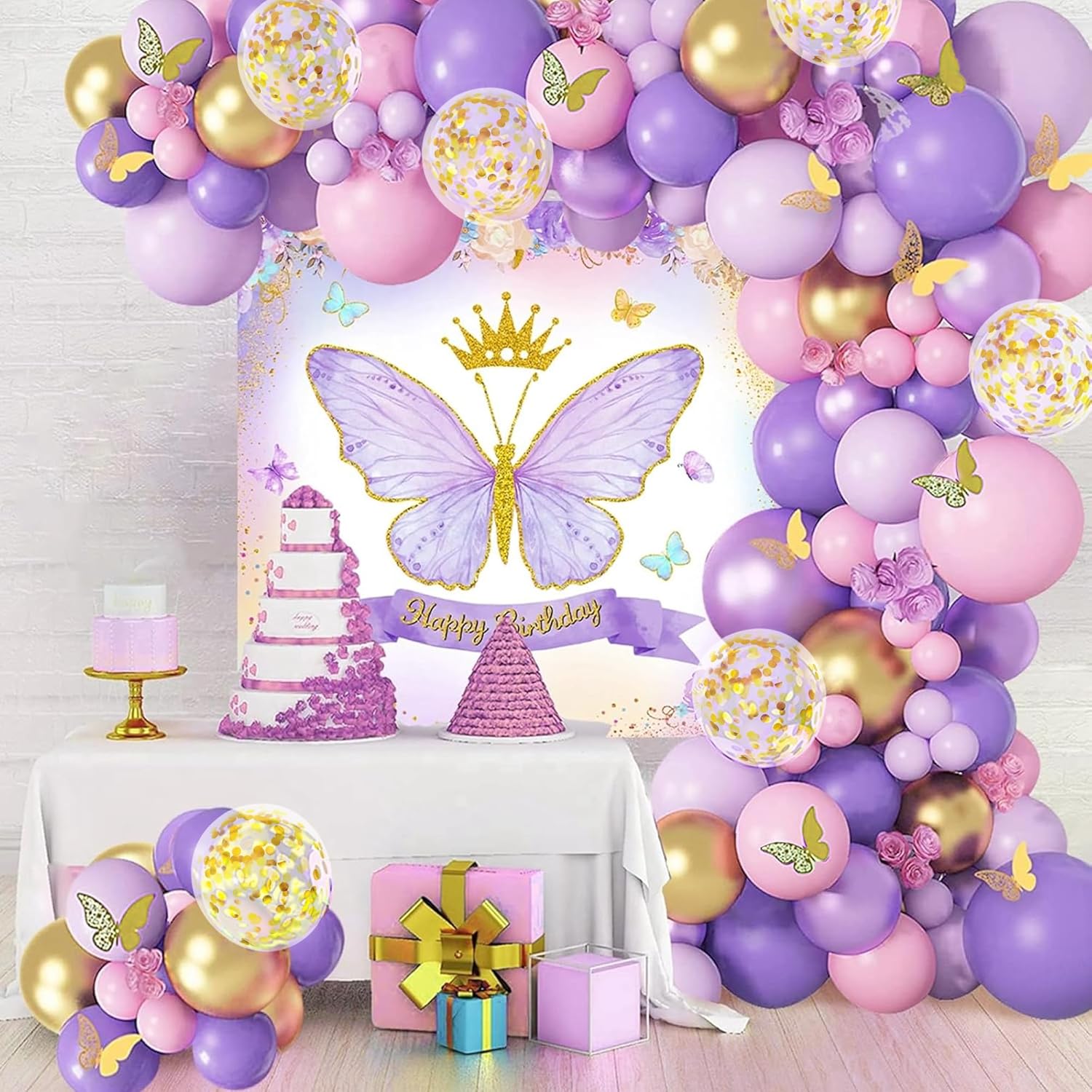 Pink Purple Butterfly theme balloon decor for birthday