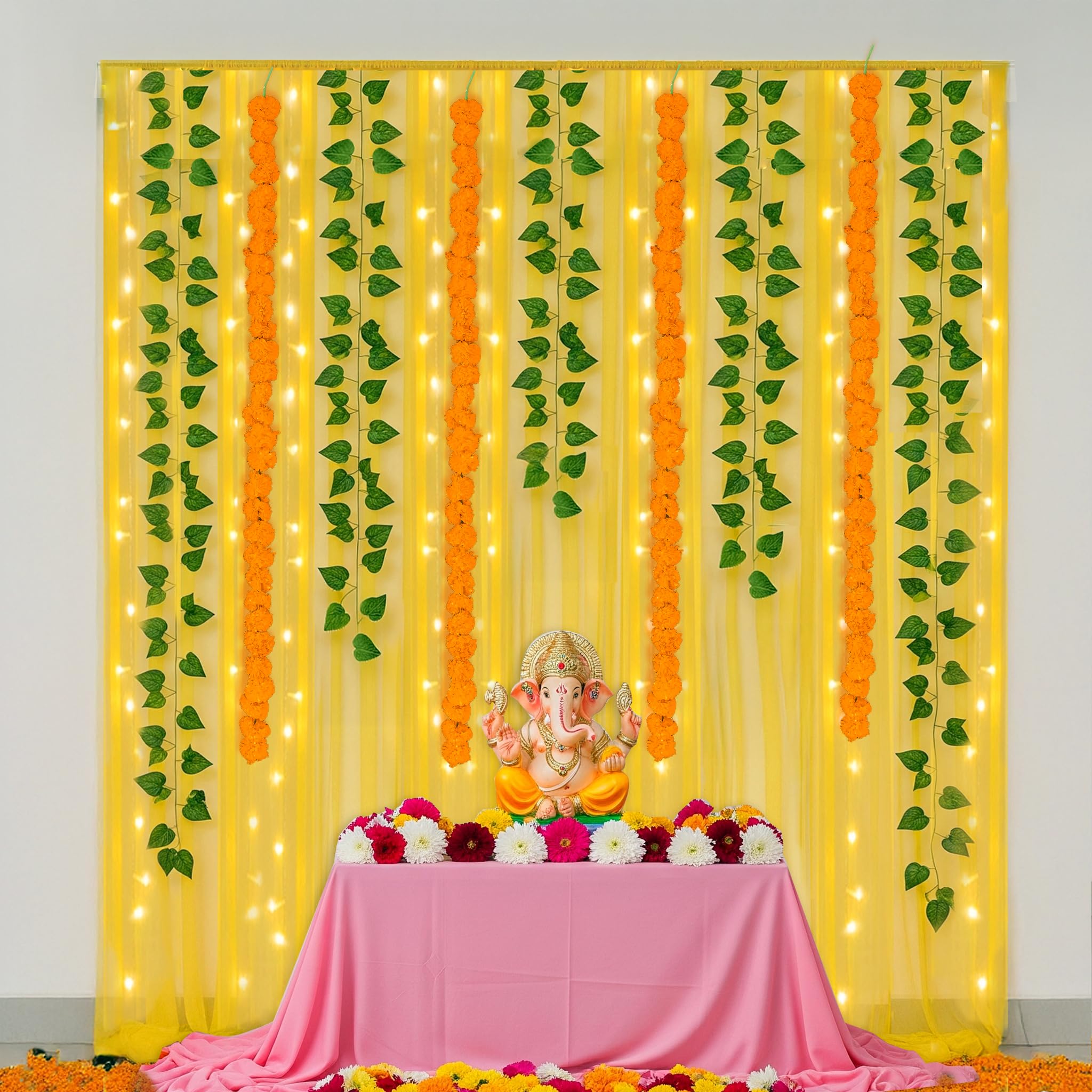 Marigold and Curtain Ganpati Decor