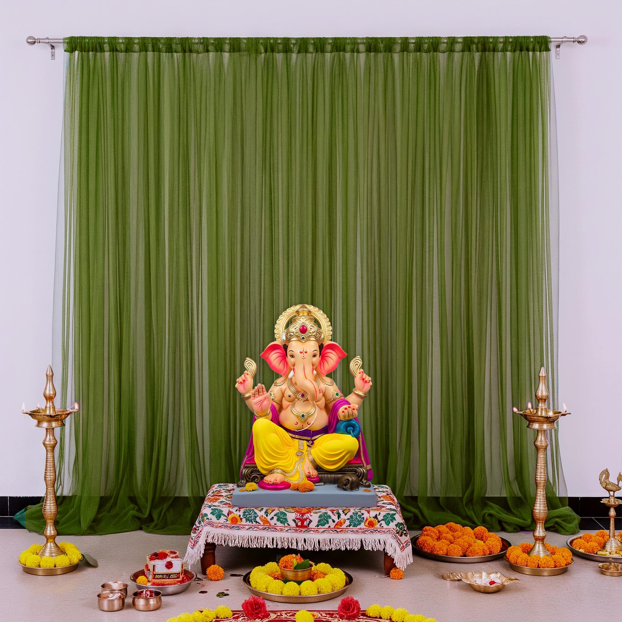 Dark Green Backdrop Ganpati Decor