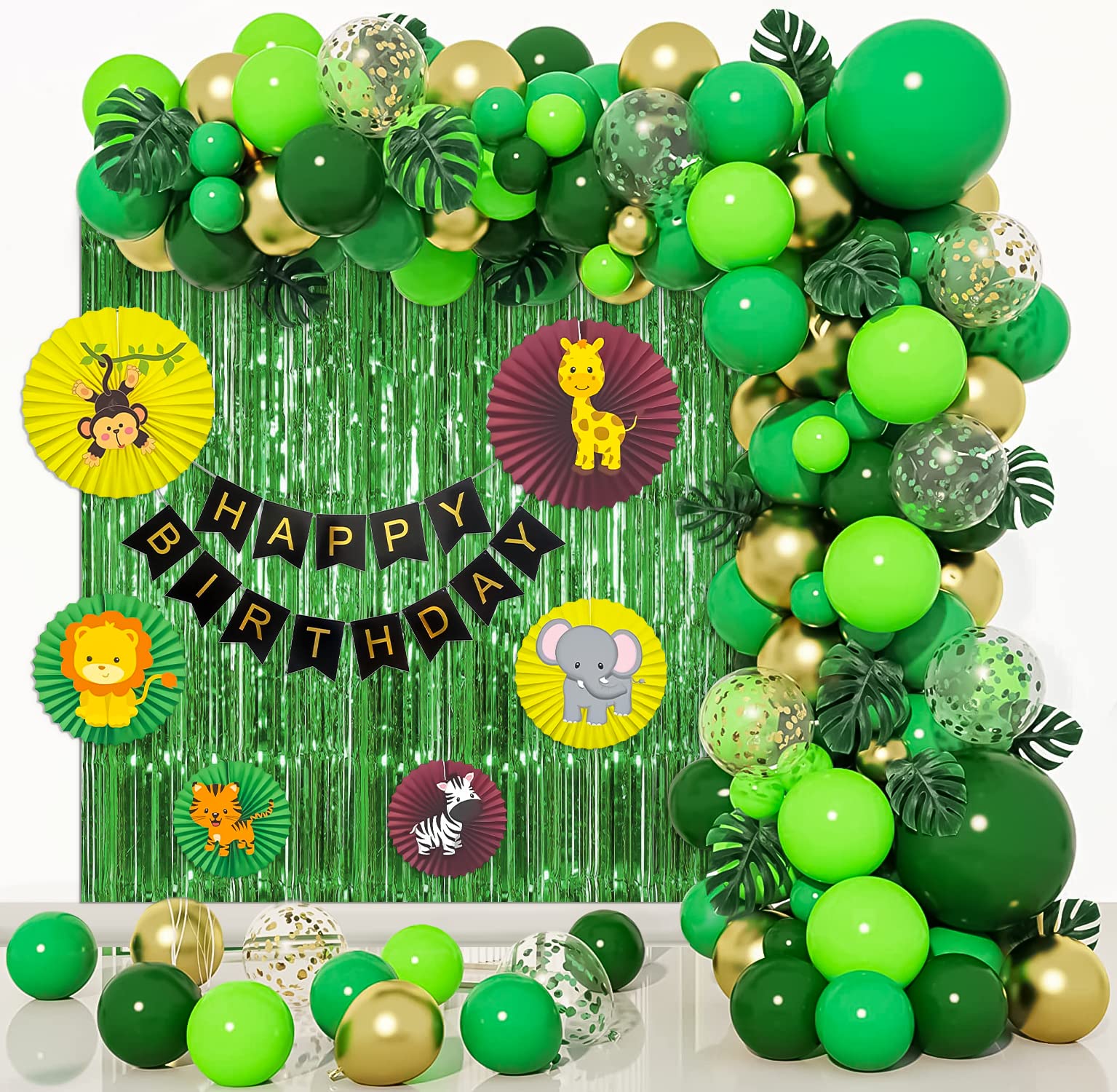 Jungle theme Happy birthday decoration items for boys with Green foil curtain