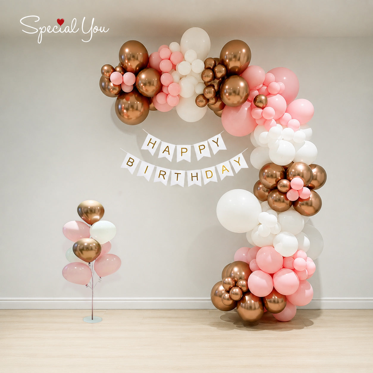 Pink & Golden Birthday Balloon Arch Decor