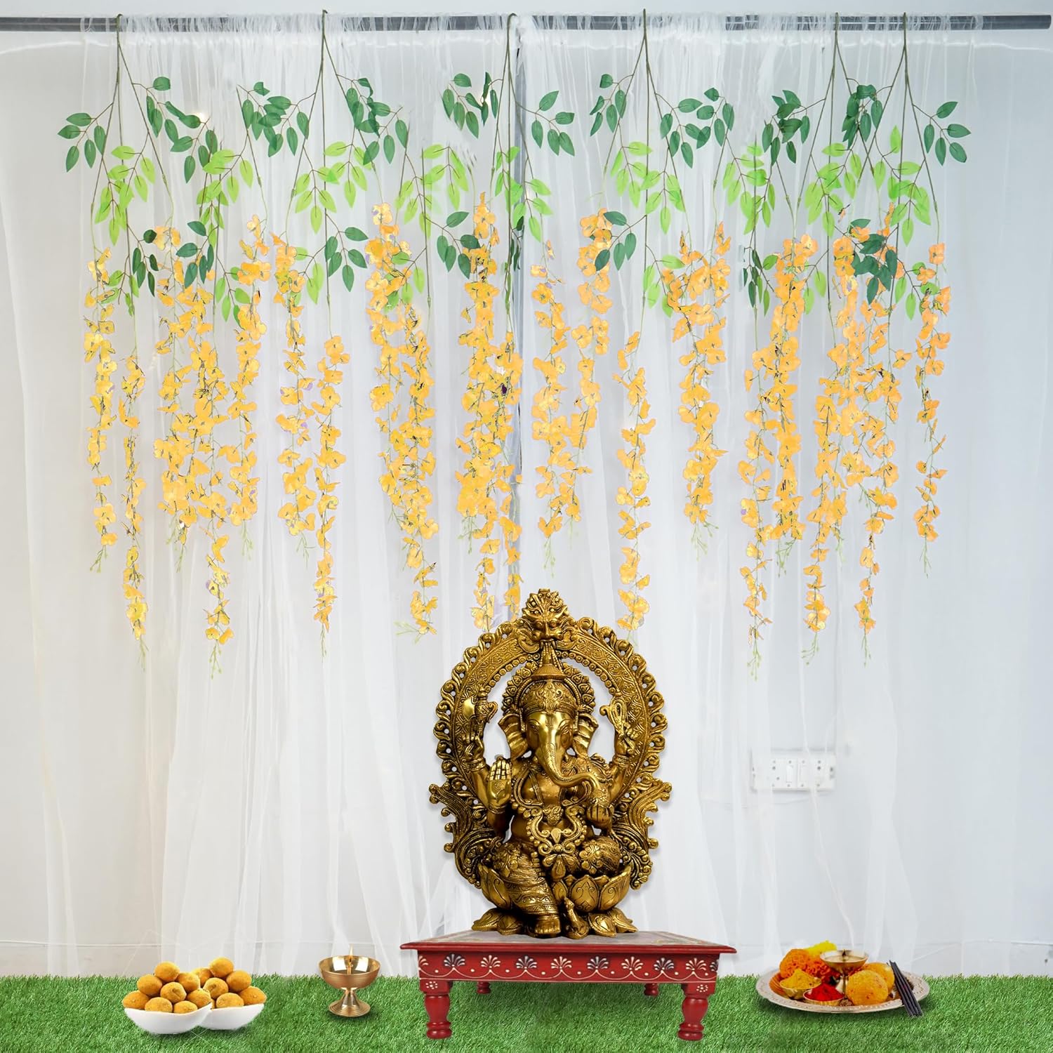 Decorate backdrop with yellow wisteria & curtains