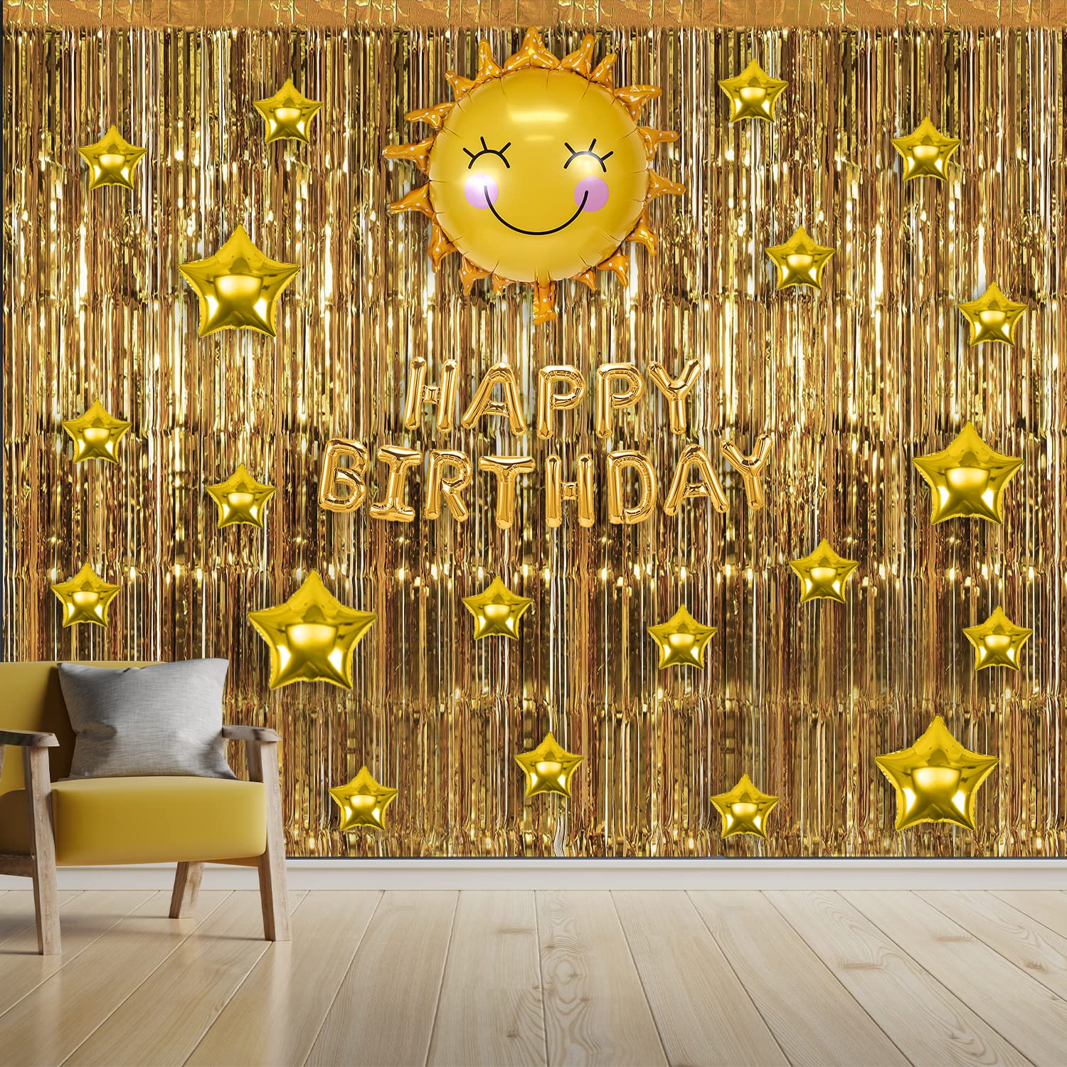 Gold fringe foil curtain birthday decoration