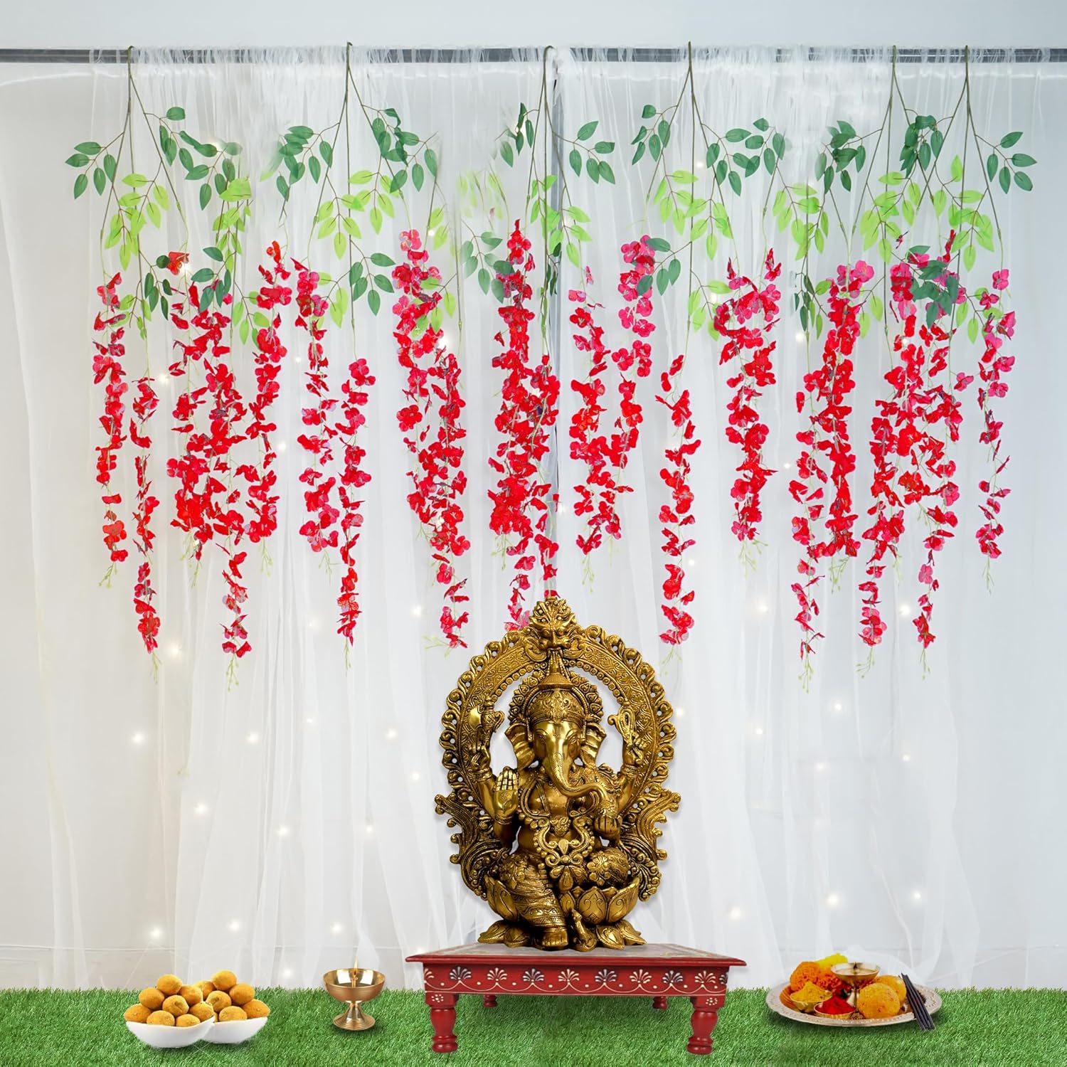 Elegant White Net Backdrop with Red Wisteria