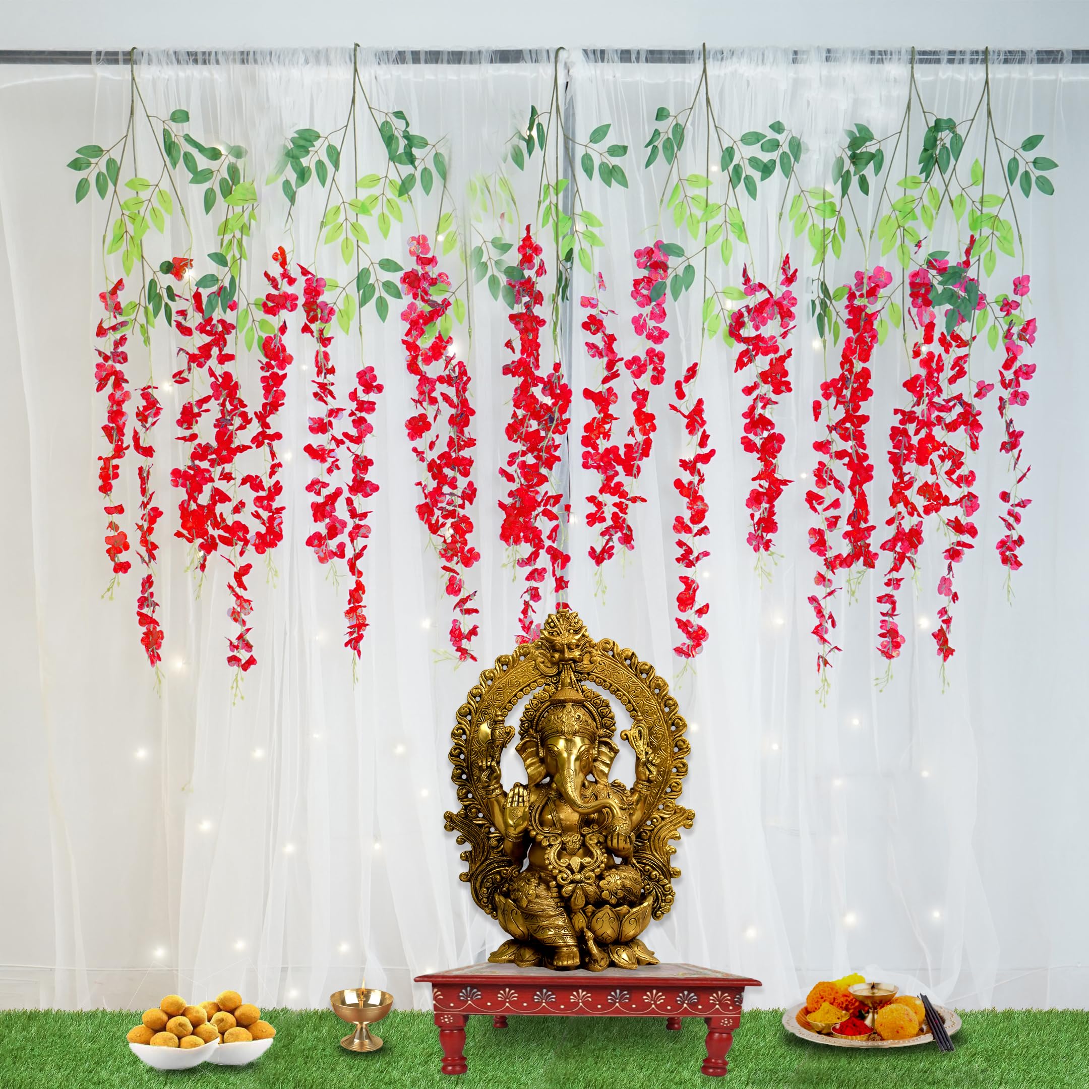 Elegant White Net Backdrop with Red Wisteria