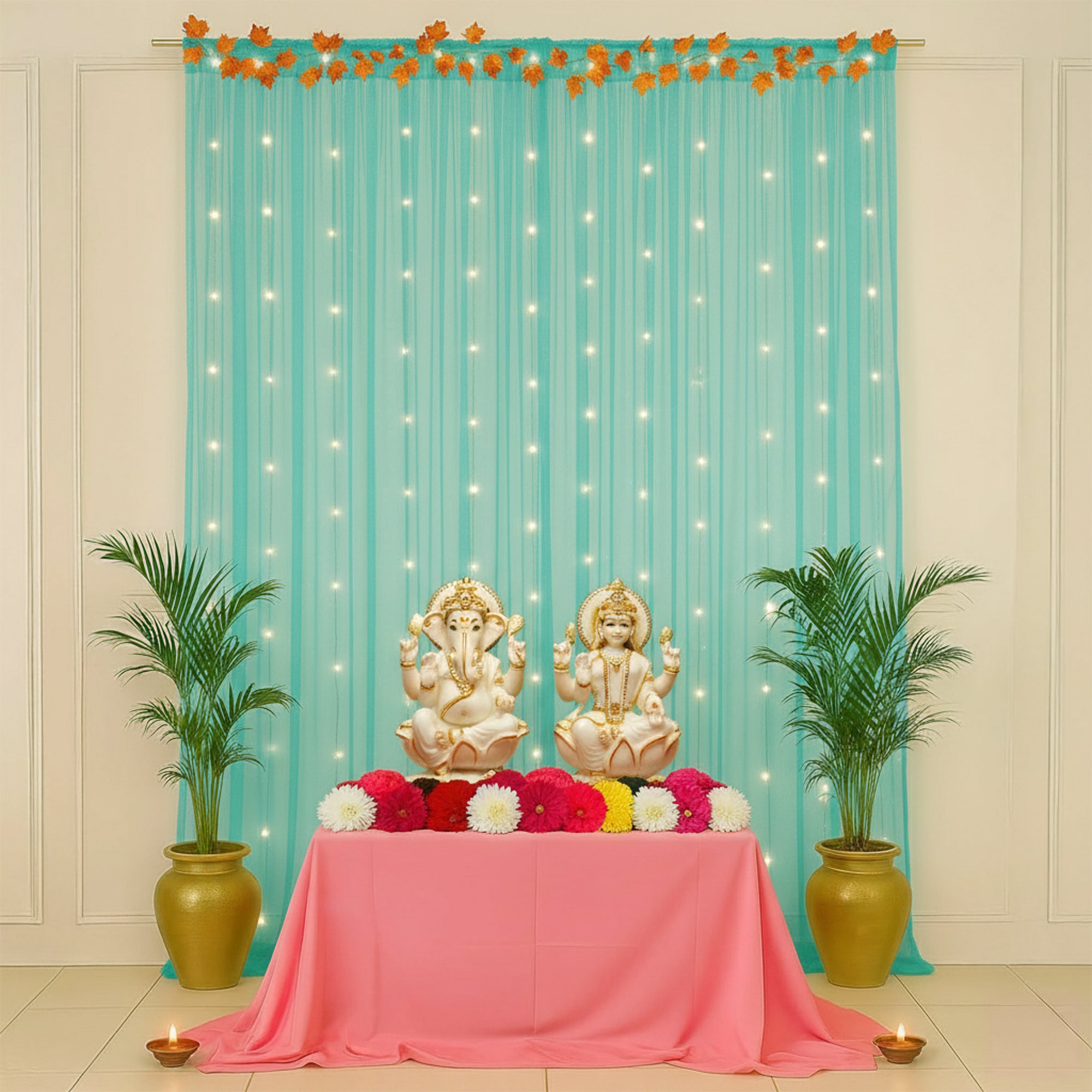 Turquoise curtains for Diwali Decor