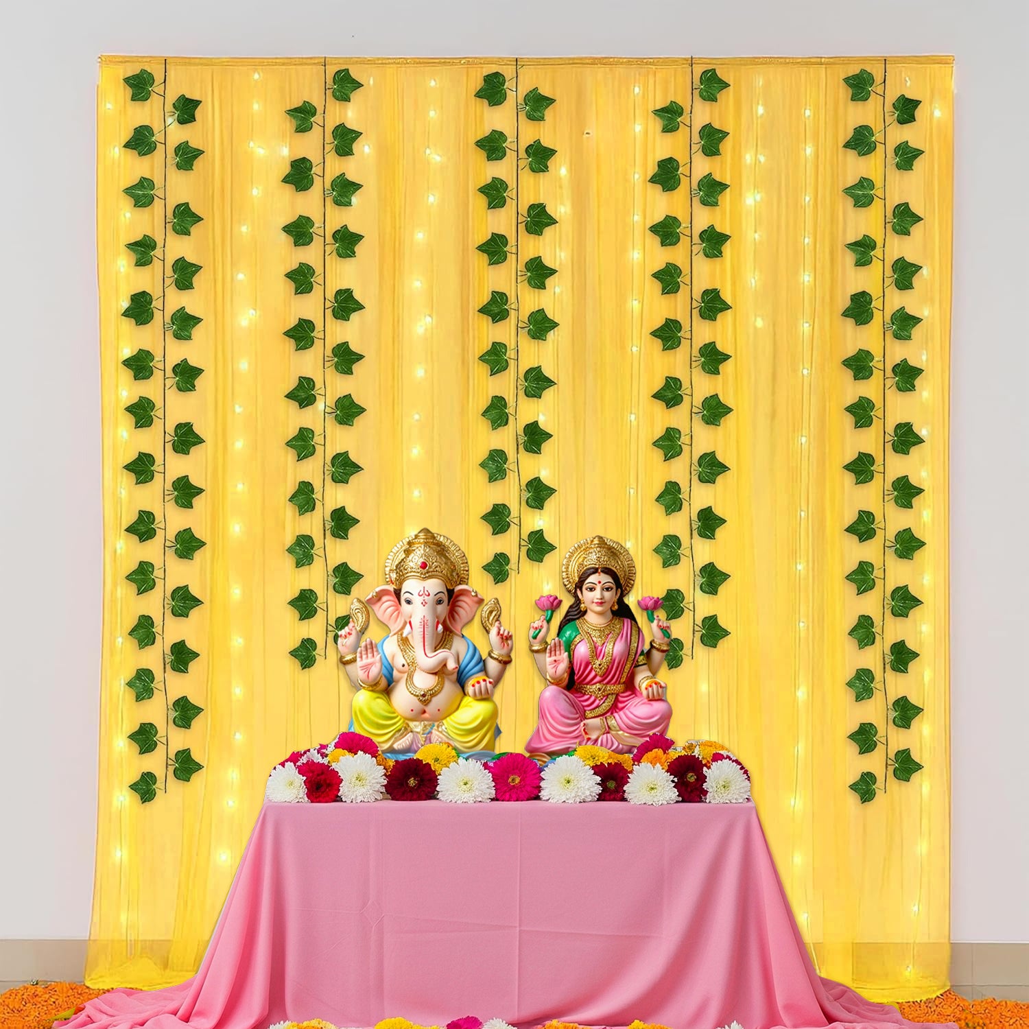 Yellow Net curtain Pooja decor