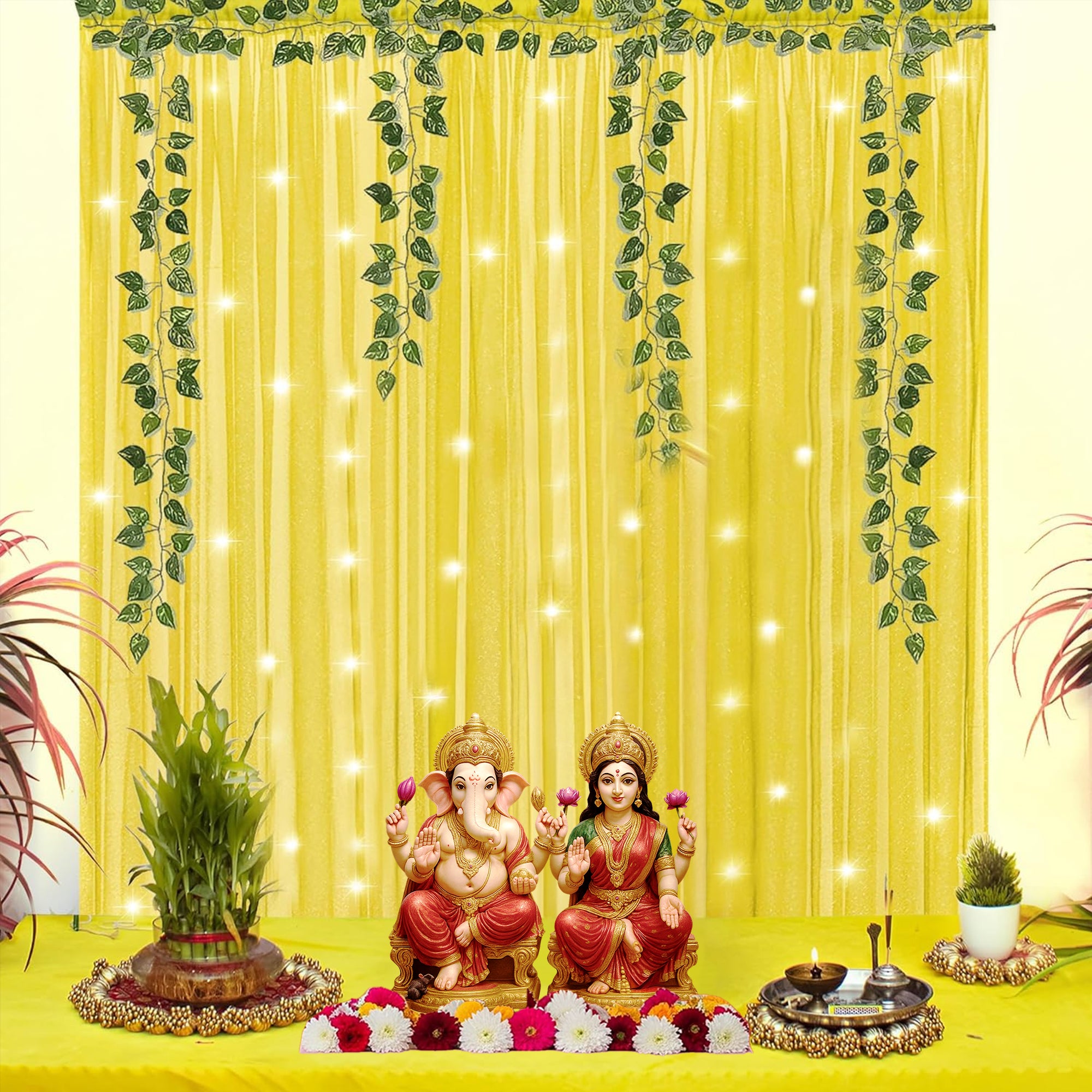 Yellow Backdrop with vines and LED light