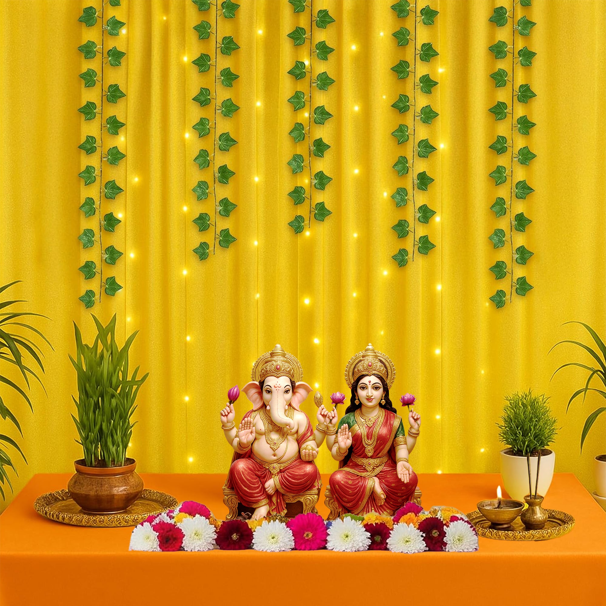 Vibrant Yellow Diwali Pooja Decor