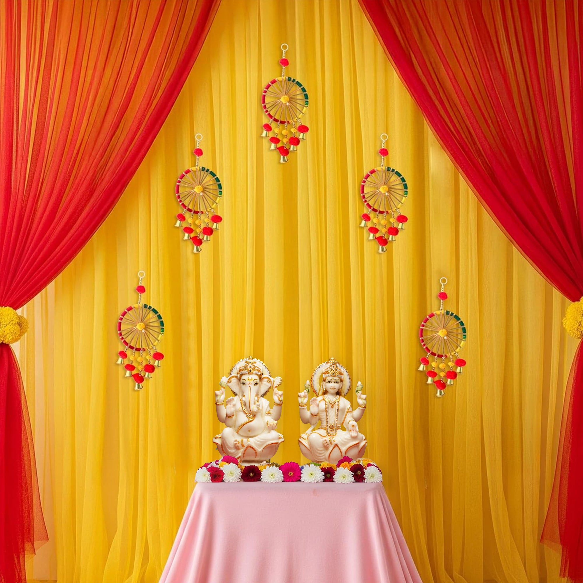 Red & yellow backdrop to adorn your puja space