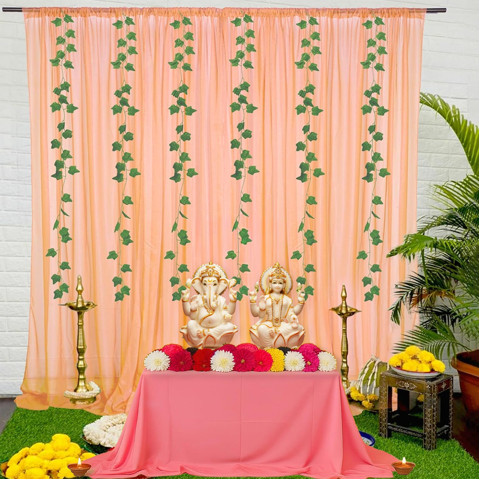Peach Curtain with Green Vines for Backdrop