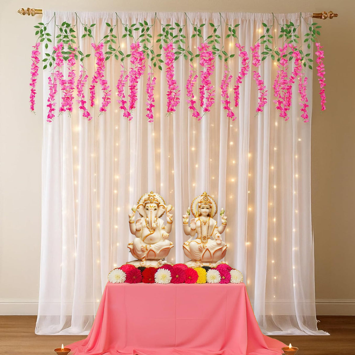 Elegant White Net Backdrop with Dark Pink Wisteria Double Flower Urli