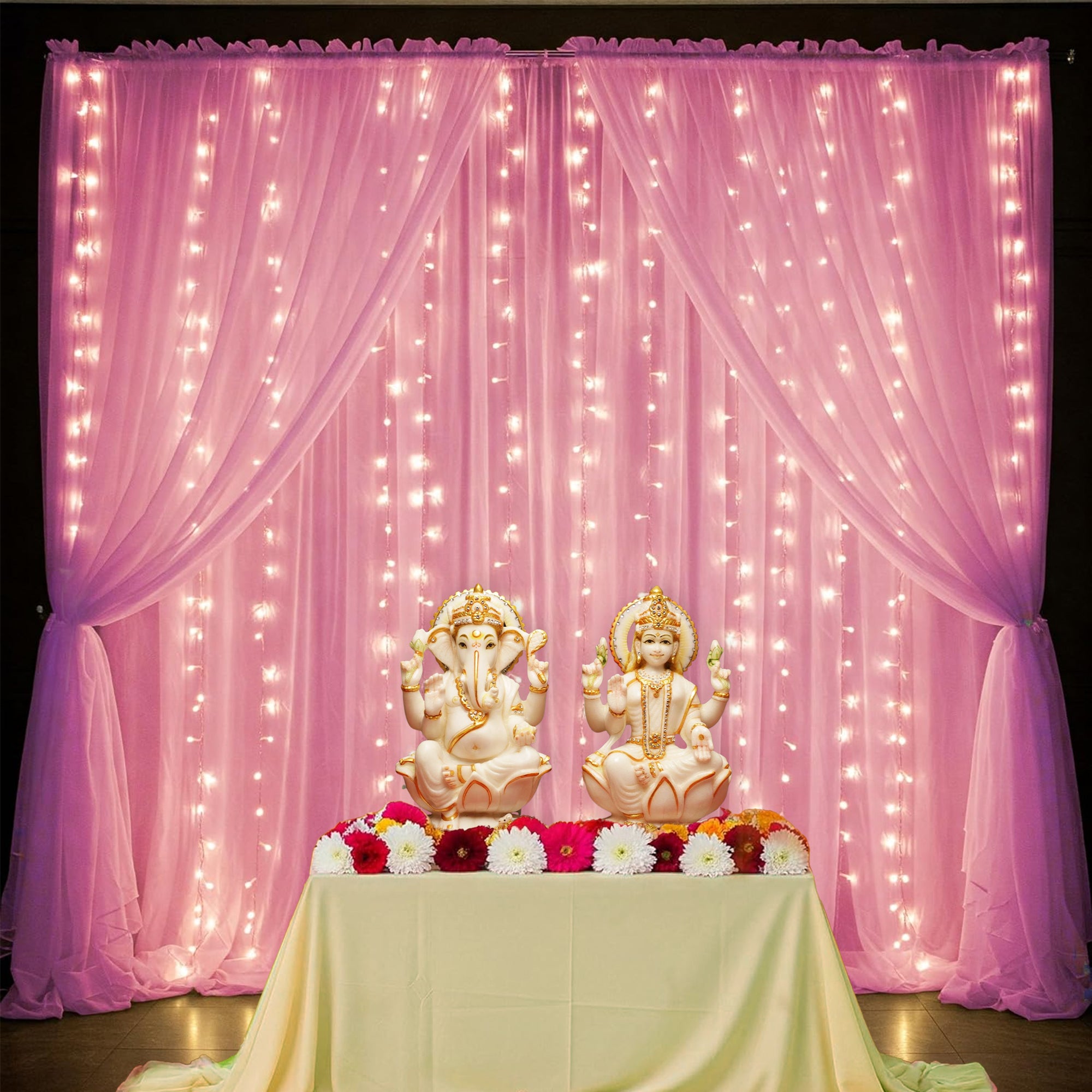 Diwali Pink Net Curtain Decoration with fairy lights