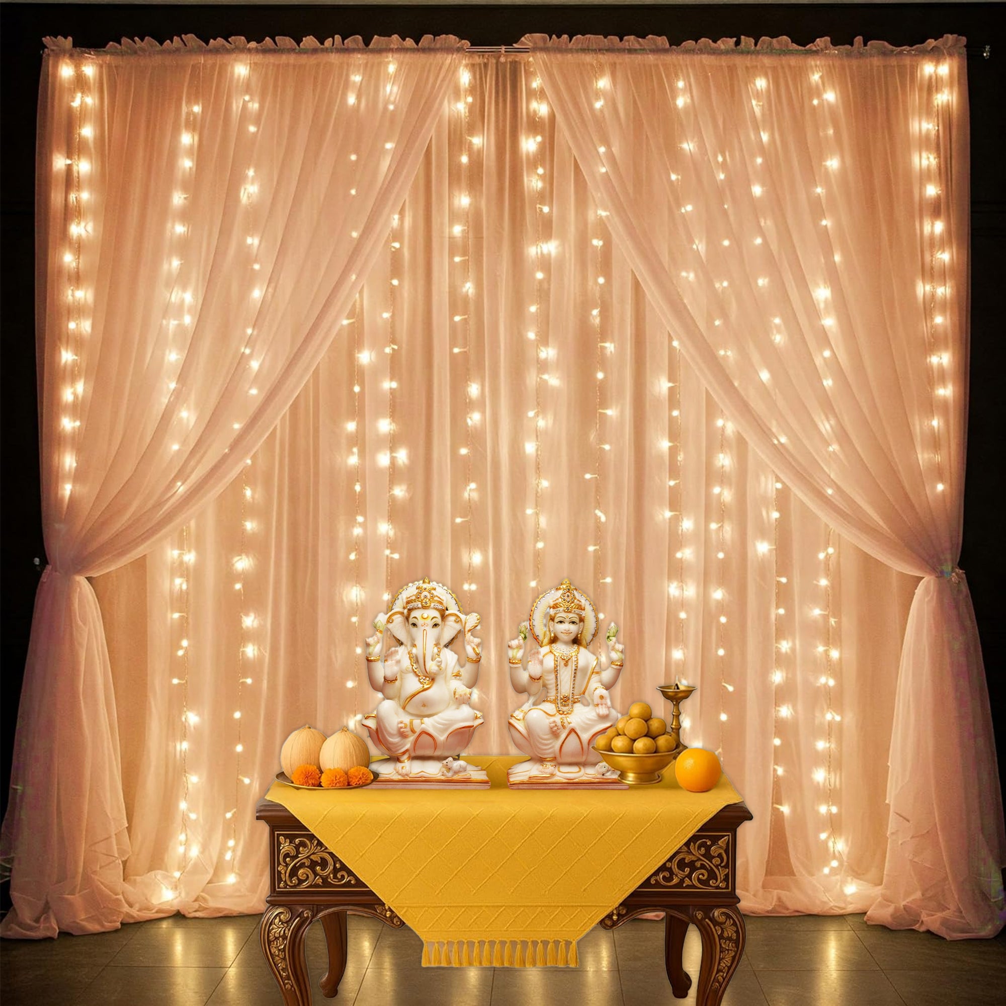 Diwali Peach Net Curtain for Decoration with Fairy Light