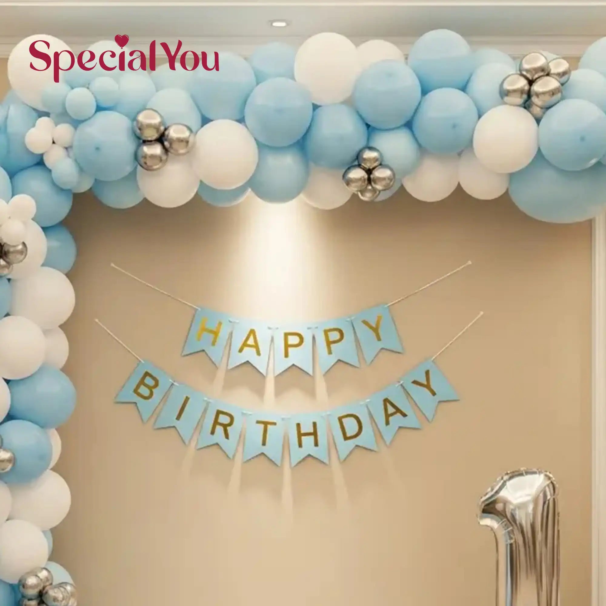Pastel Blue First Birthday Balloon Backdrop Decor