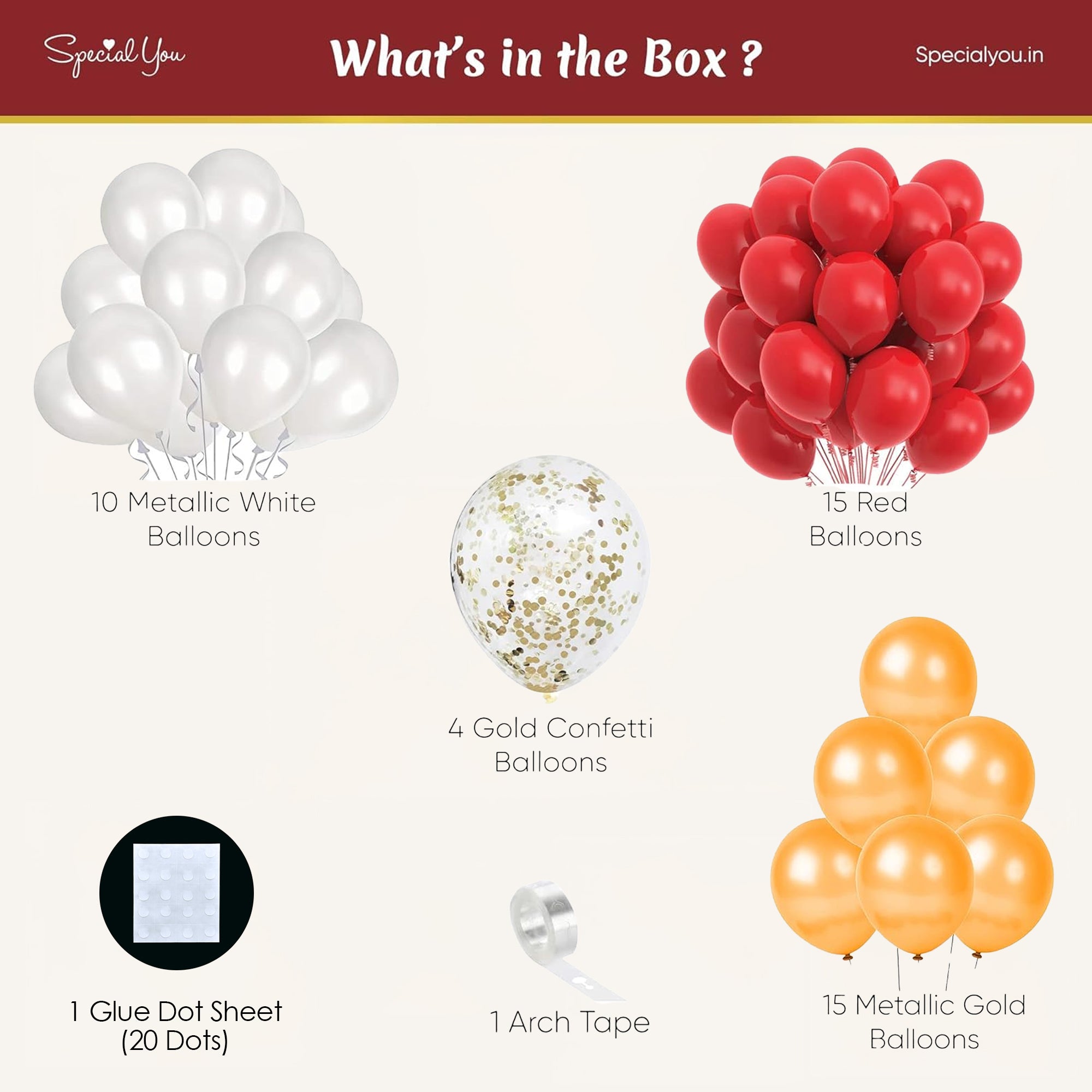 Red white golden metallic party balloons for decoration with confetti balloons