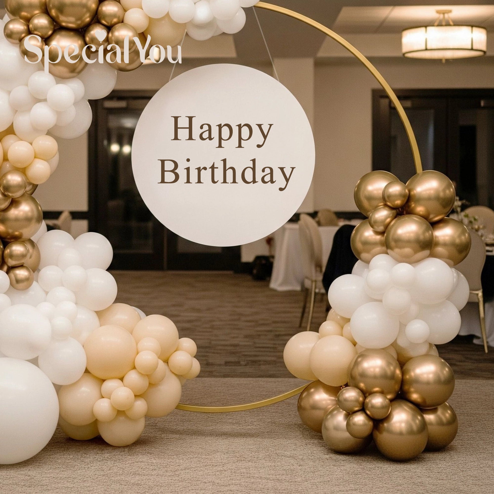 Gold & White Happy Birthday Balloon Decoration