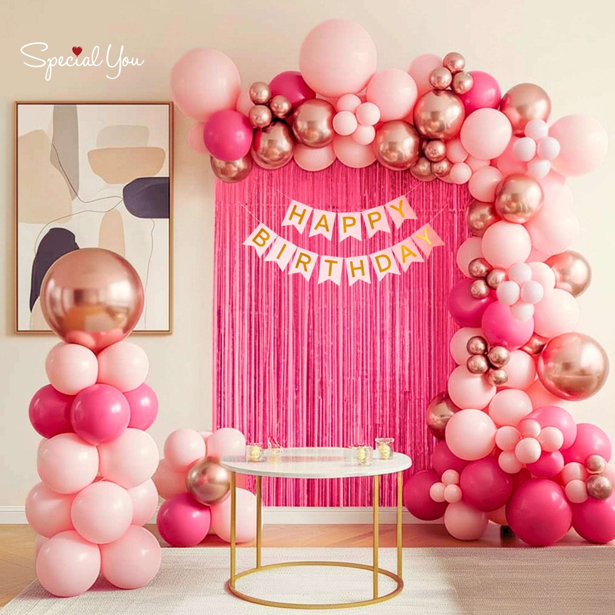 Rose Gold & Pink Birthday Balloon Arch Decor