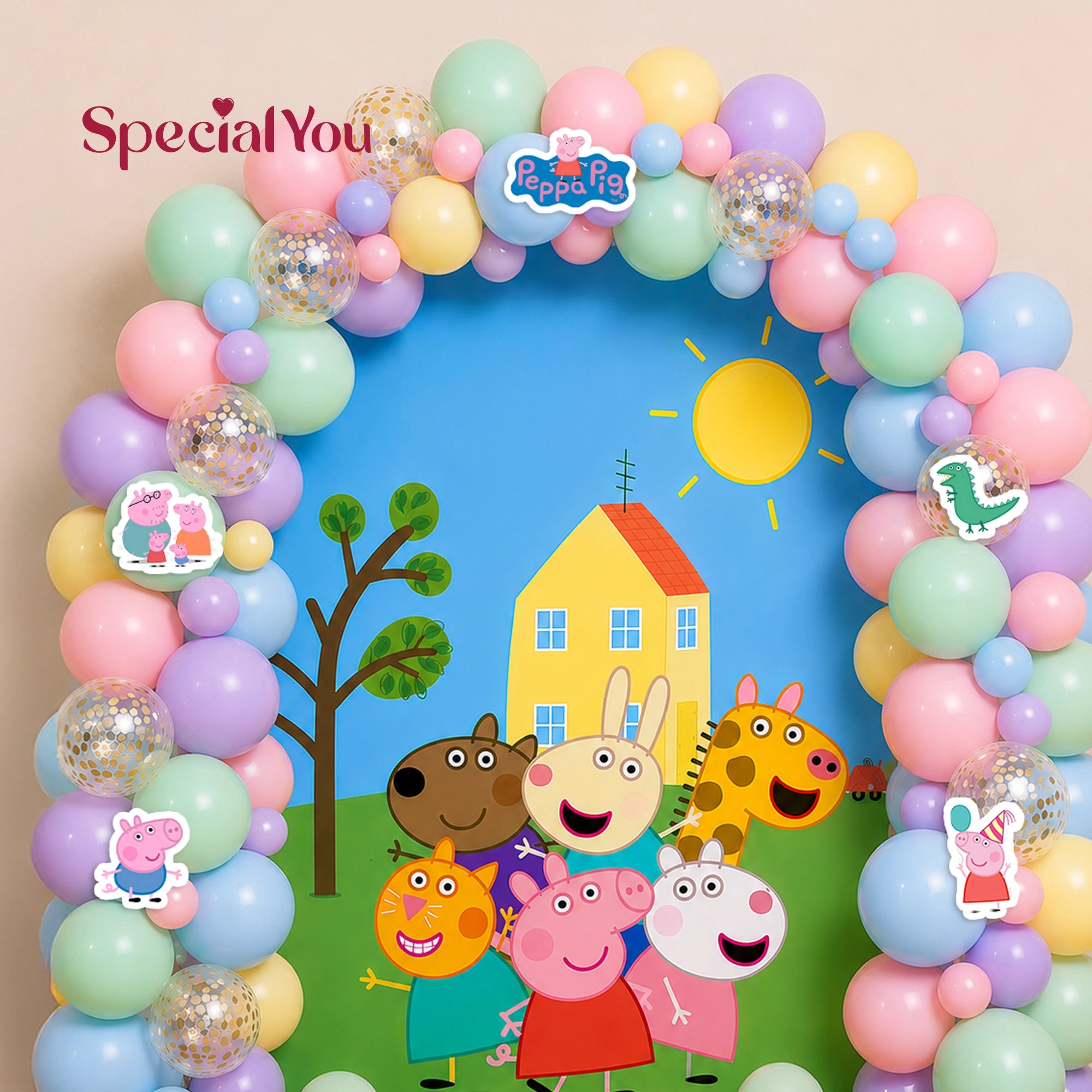 Pastel Peppa Pig Theme Birthday Balloon Backdrop Decor