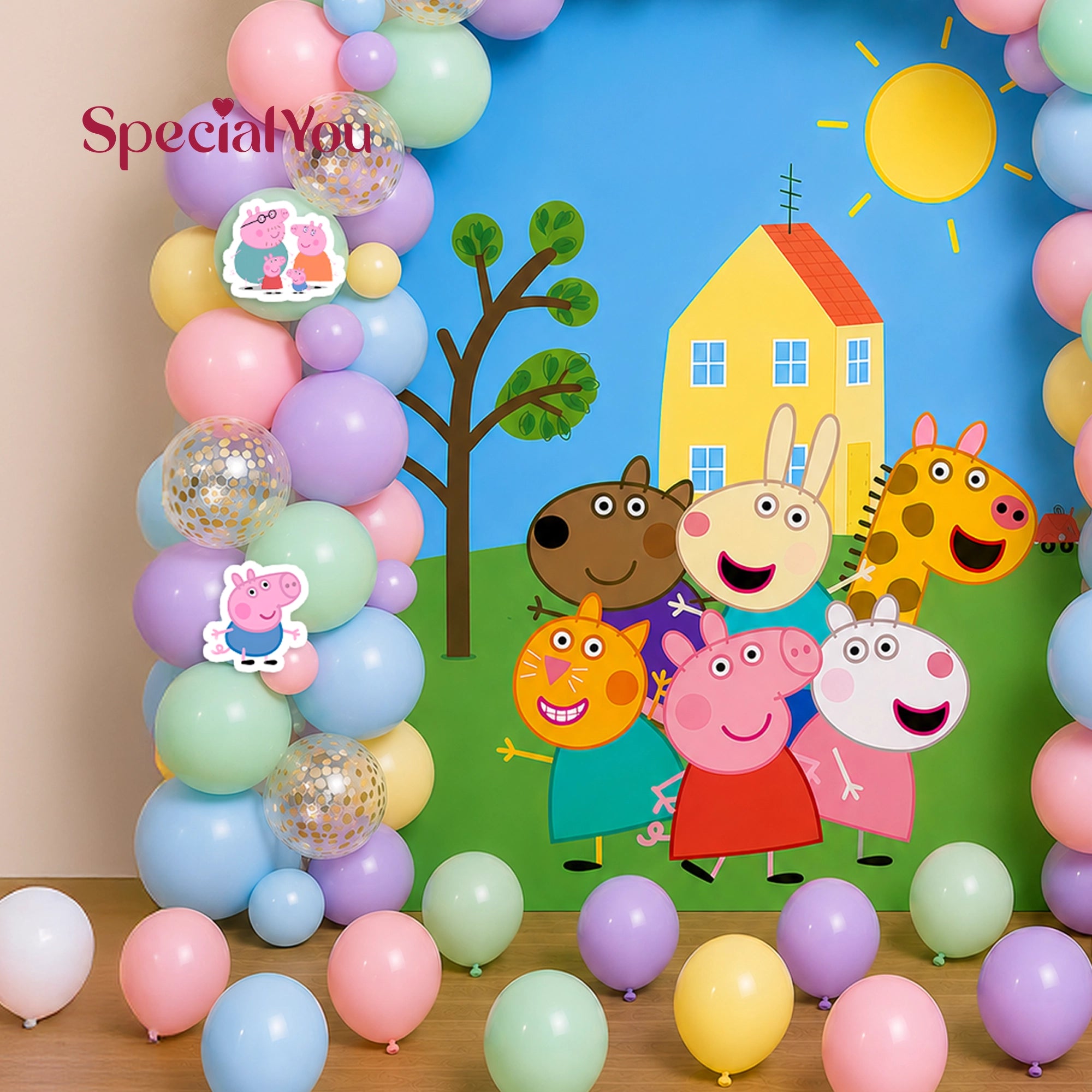 Pastel Peppa Pig Theme Birthday Balloon Backdrop Decor