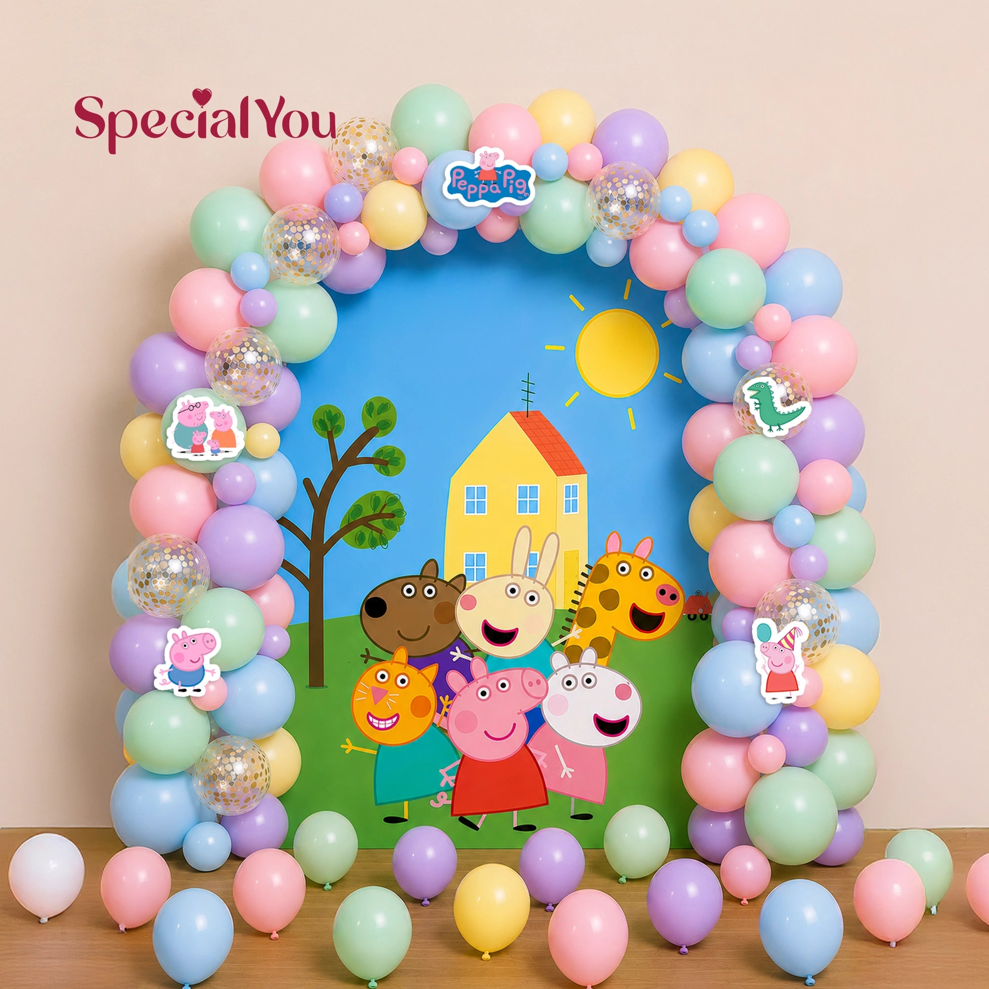 Pastel Peppa Pig Theme Birthday Balloon Backdrop Decor