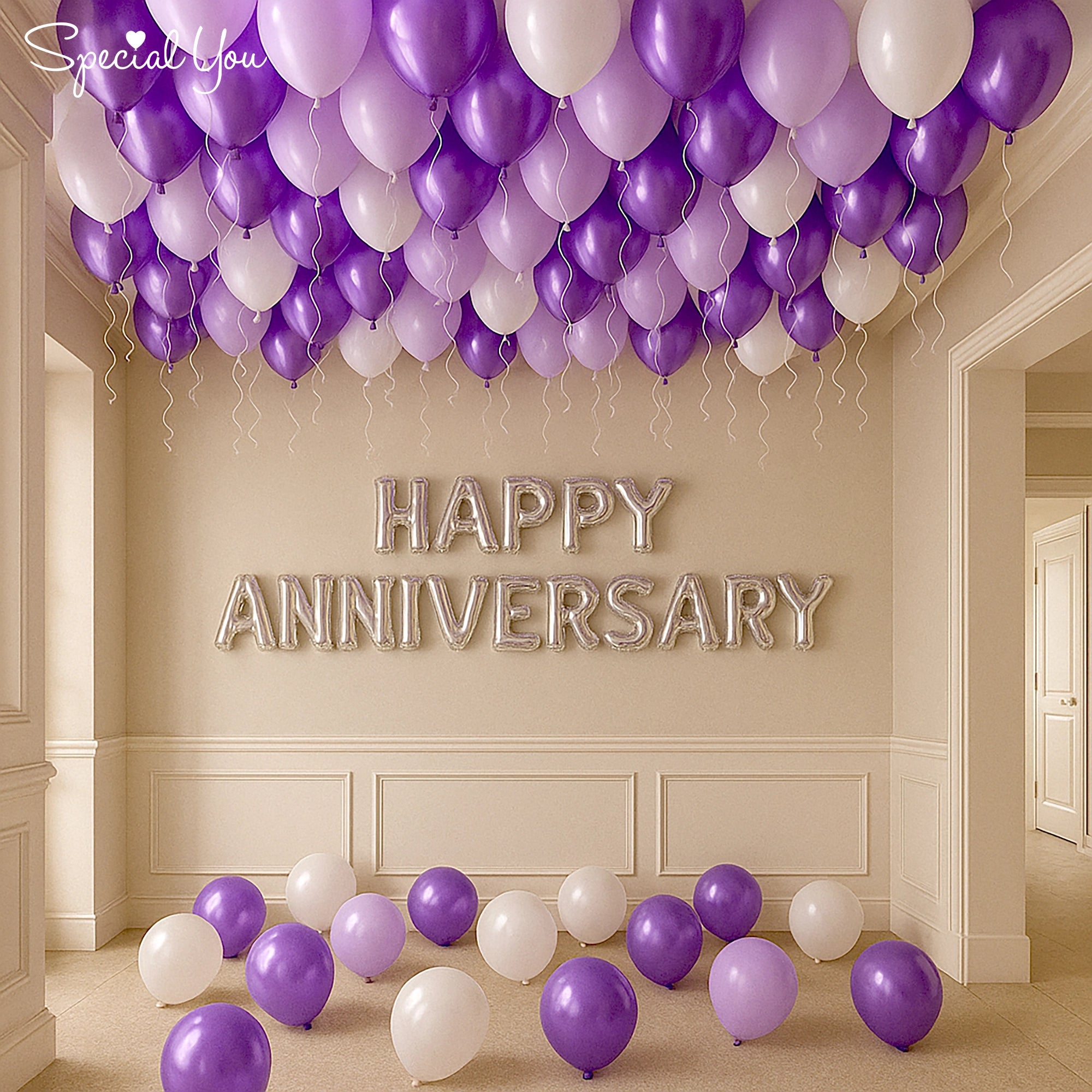 Purple & White Anniversary Decor