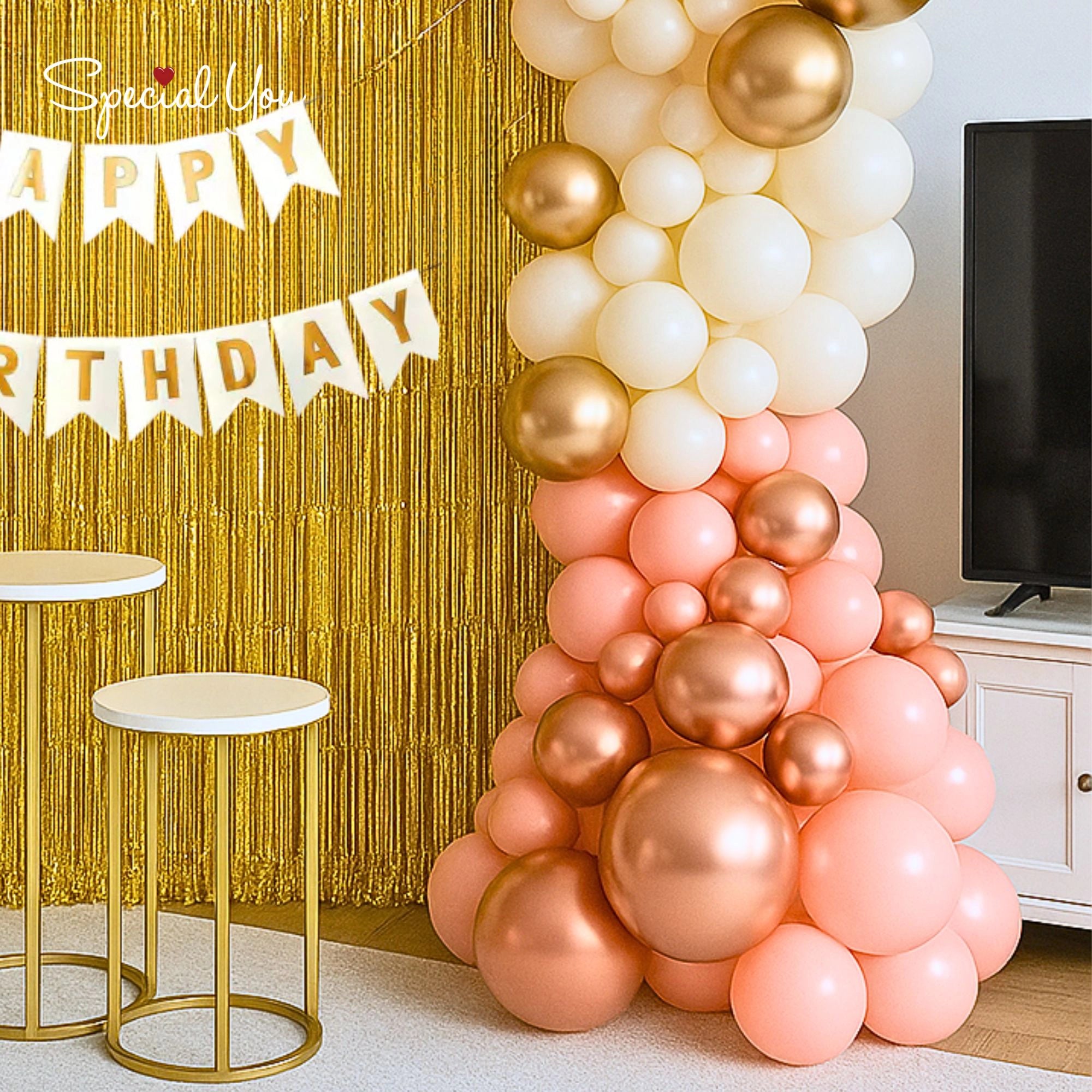 Peach & Gold Birthday Decor with Golden Backdrop