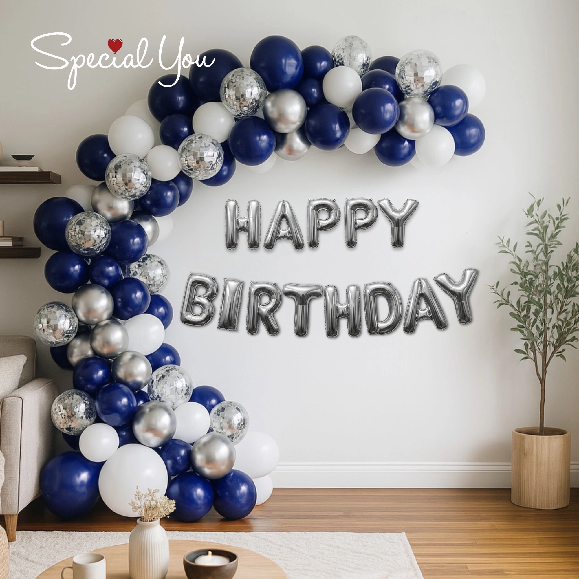 Elegant Blue & Silver Birthday Arch Decor